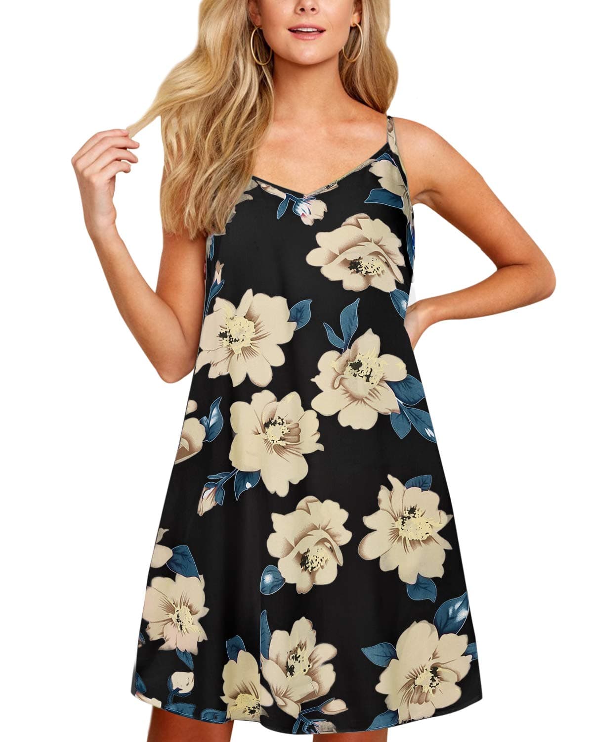 SUNNYME Women's Summer Bohemian Dresses Floral Print Straps Casual Loose Plus Size Dress