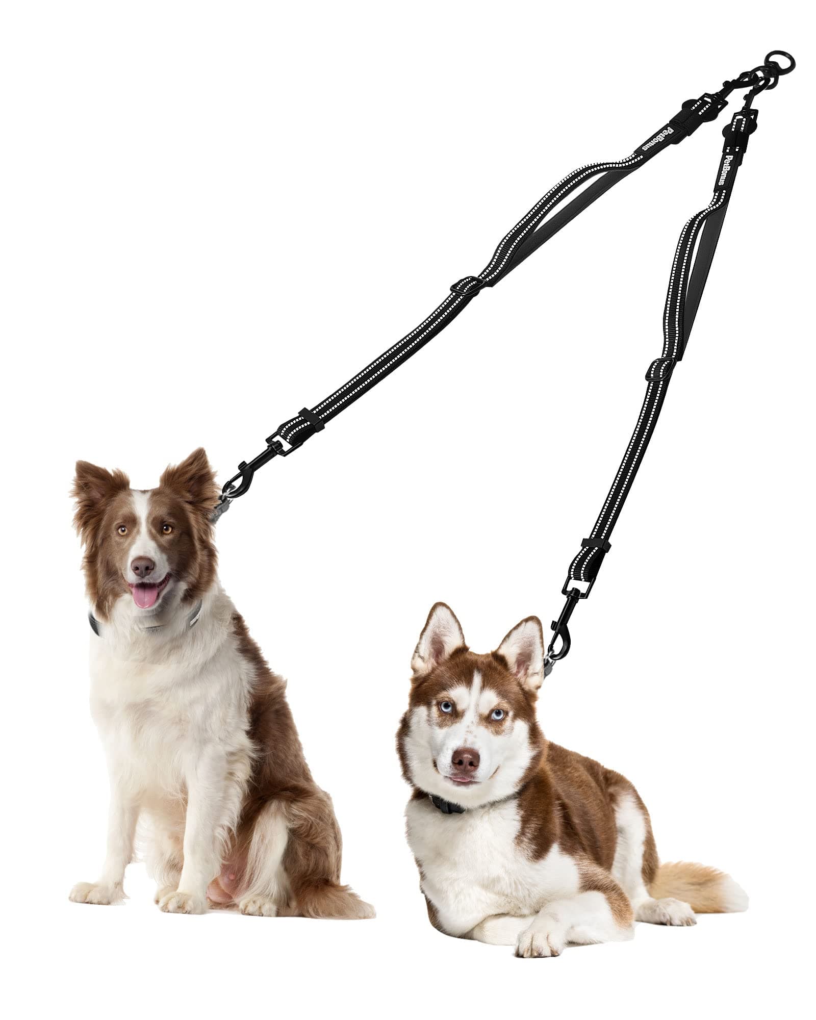 PetBonus Dual Dog Leash Splitter, No Tangle Detachable Double Leashes Coupler for Walking 2 Dogs, Reflective Adjustable Two Dog Training Lead Attachment for Small Medium Large Dogs (Medium, Black)