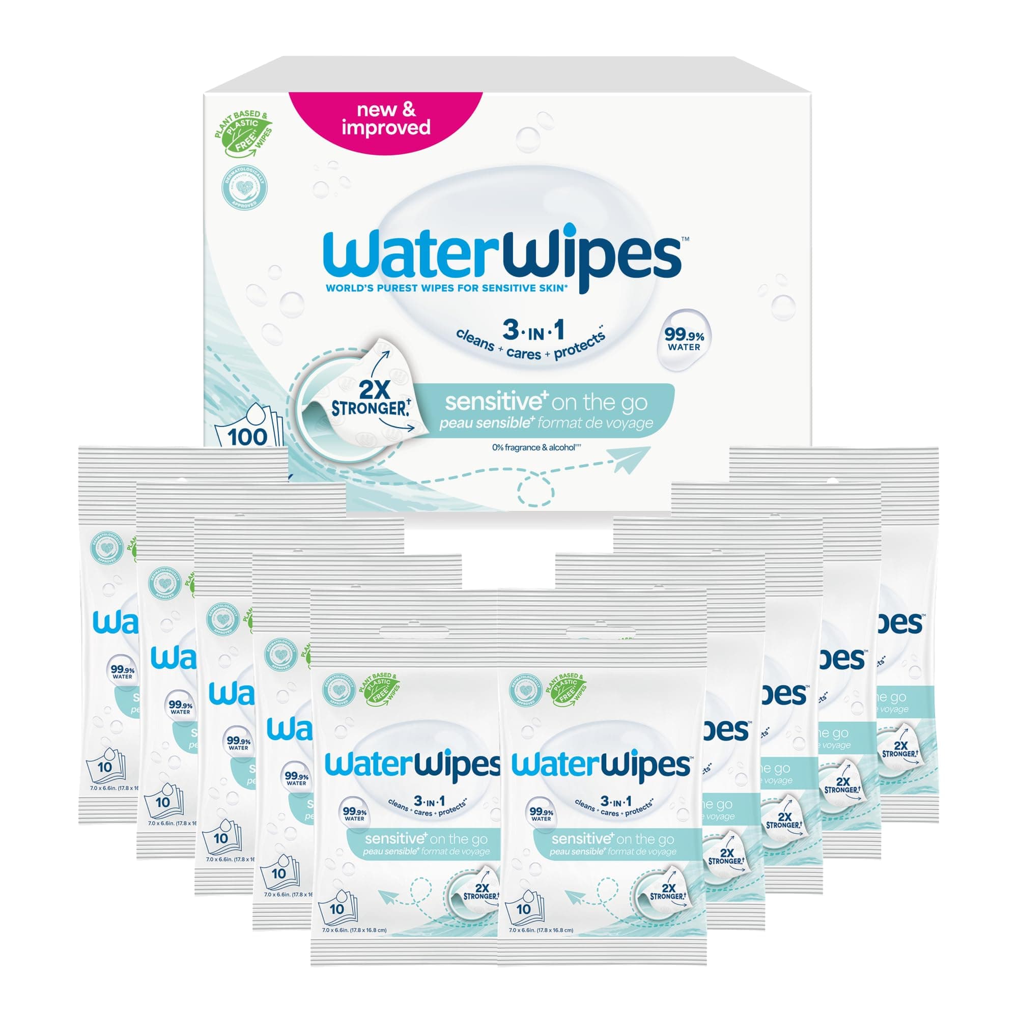 WaterWipes On The Go Wipes, 99.9% Water-Based Wipes for Travel, Sports, and to Refresh Skin, Unscented & Hypoallergenic, 100 Count (10 Packs)