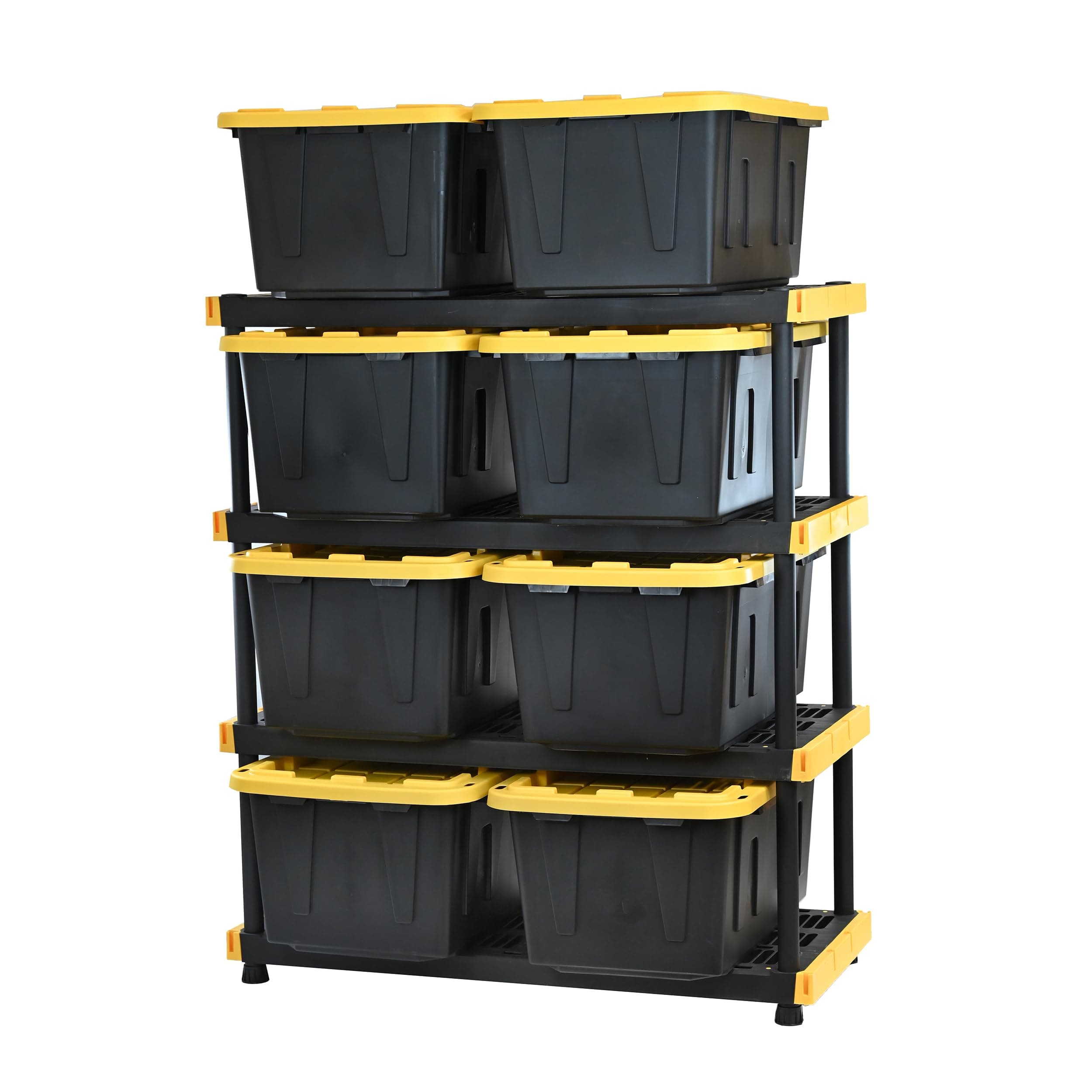 Black & Yellow 4-Tier Heavy Duty Storage Shelves and 8 Heavy Duty Storage Bins with Lids, 4 Shelves that Support up to 200lbs/shelf + 27 Gallon Containers (8-Pack), Organization and Storage
