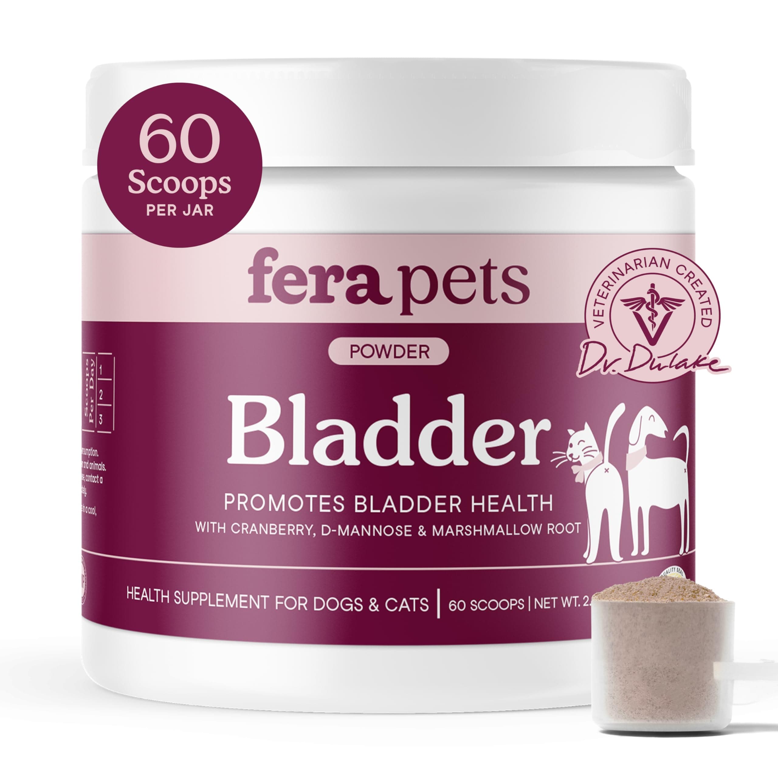 Fera Pets Bladder Support - Cranberry for Dogs & Cats - D-Mannose & Marshmallow Root - Urinary Tract Support - Supports Normal Urine pH - Boosts Immunity - 60 Scoops