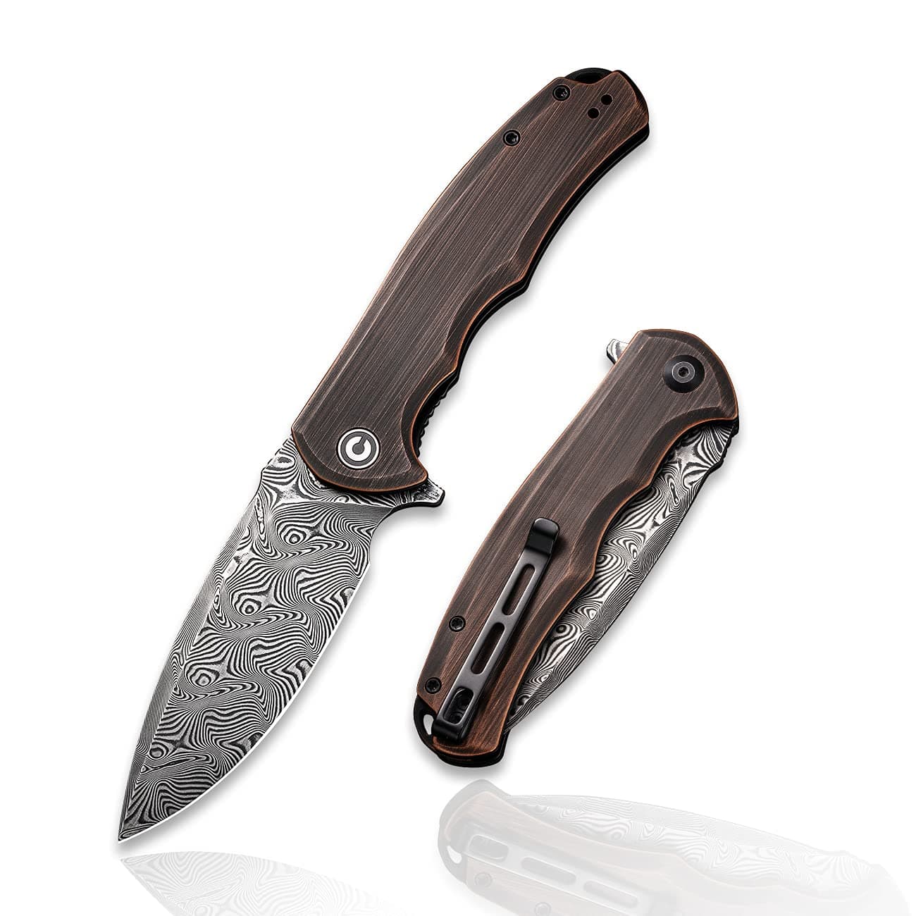 CIVIVI Praxis Damascus Pocket Knife, Flipper Folding Knife Drop Point Blade, Black Hand Rubbed Copper Handles C803DS-3