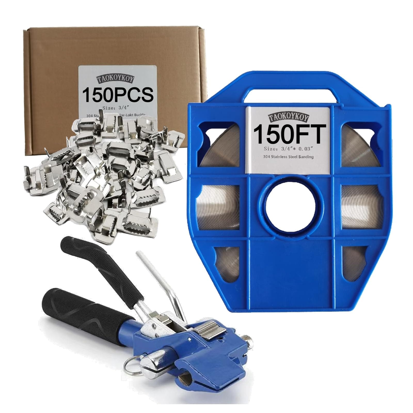 Stainless Steel Packaging Strapping Tool Kit - Includes Upgraded Tensioner, 3/4" x 150 Feet 304 Stainless Steel Banding Coil, 150 Ear-Lokt Buckles