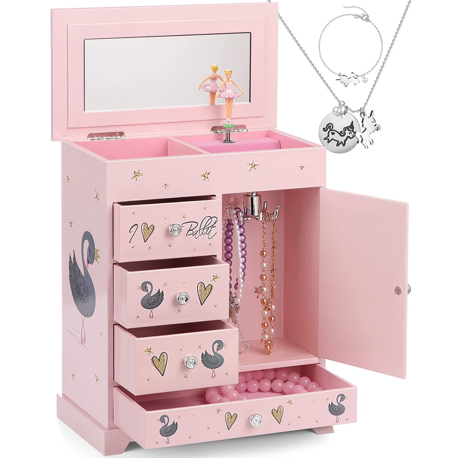 efubaby Jewelry Box for Girls 8.9 x 4.92 x 10.98 inch Large 5 Layer Music Box with Spinning Ballerina with Unicorn Necklace & Bracelet Set Jewelry Organizer for Kids Birthday Christmas Gift Pink