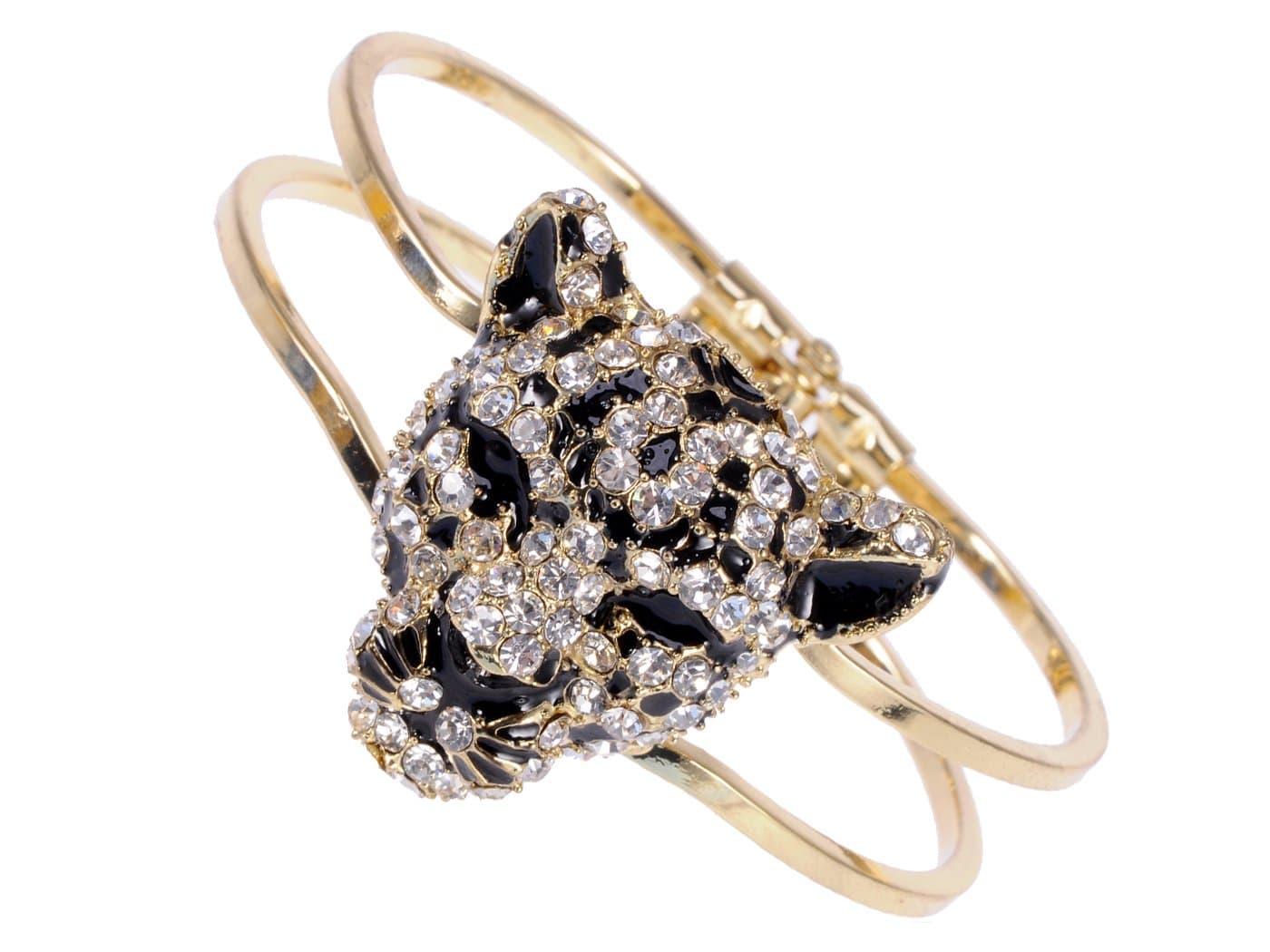 Golden Tone Sparkly Clear Crystal Rhinestones Black Enamel Cheetah Leopard Jaguar Head Bangle Bracelet