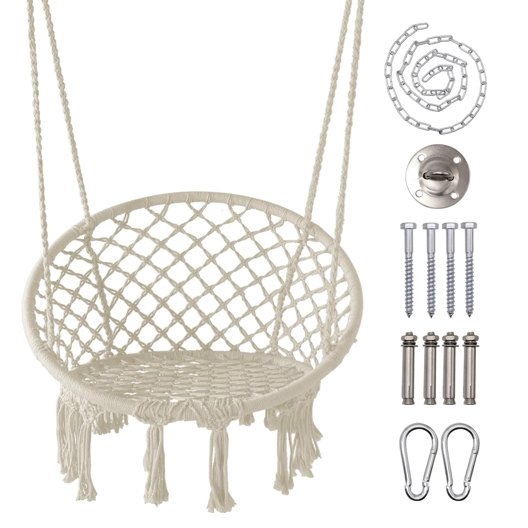 LAZZO Hammock Chair with Hanging Kit and Chain, Cotton Rope Macrame Swing, 260Pounds Capacity, 20" Width, for Indoor, Garden, Patio, Yard (Beige)