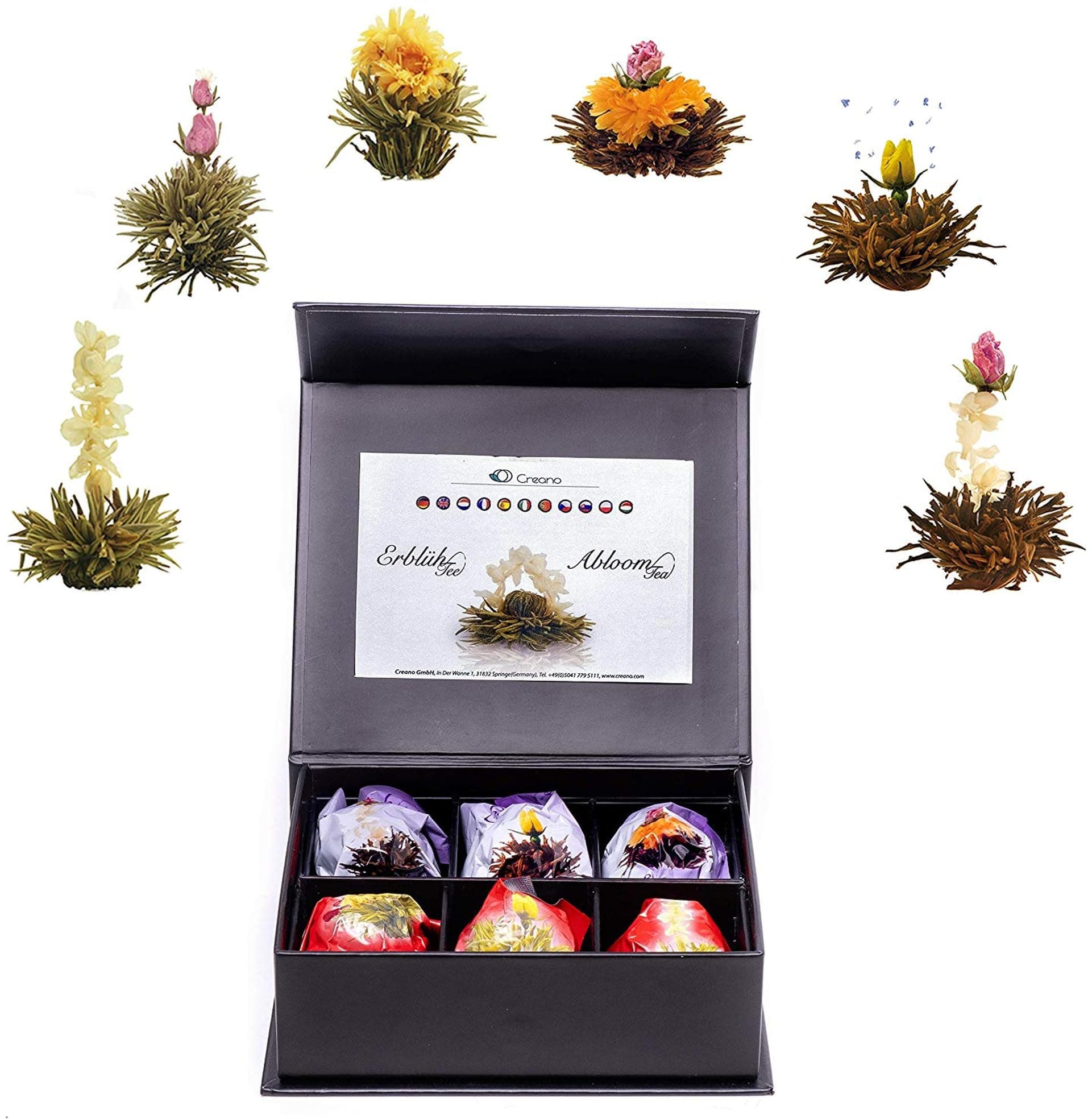 Creano Blooming Tea in Elegant Magnetic Box with Silver Embossing - Black & White Tea - 6 Flowering Tea