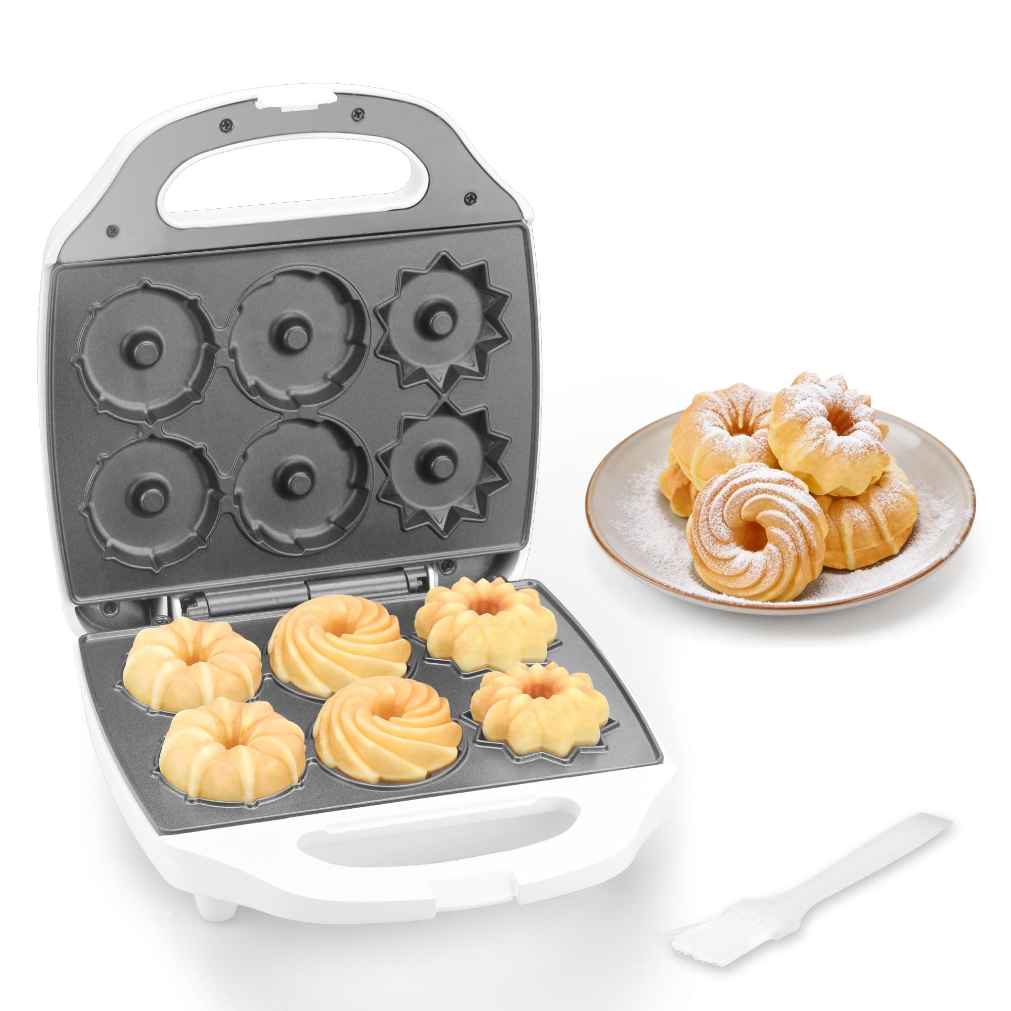 Mini Donut Maker Machine, Electric Mini Bundt Cake Pan, Bake 6 Bundt Doughnuts with 3 Shapes, Excellent for Breakfast, Snacks, Desserts & More
