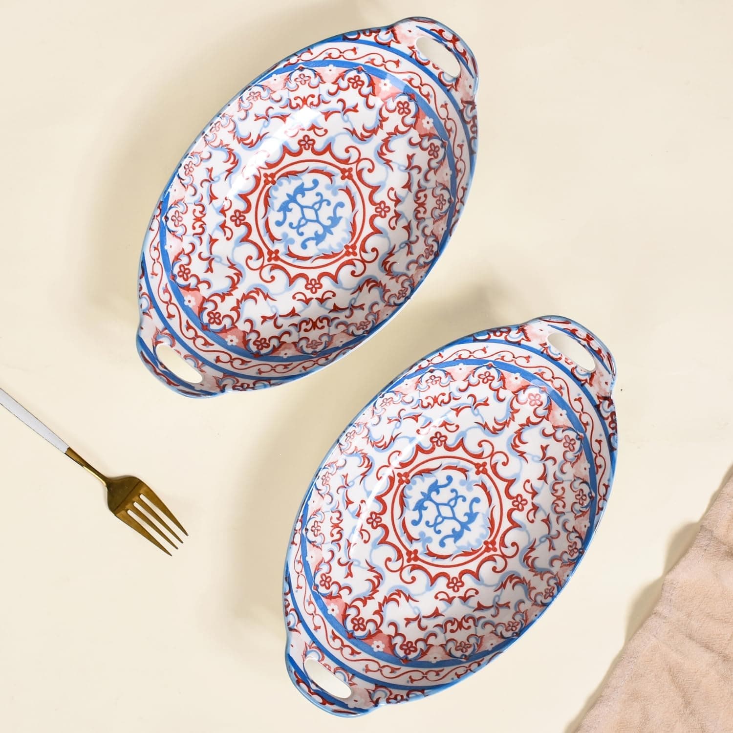 Set of 2 Red and Blue Mandala Design Ceramic Serving Dish with Handles for Snacks, Appetizers, Salads, and Noodles| Microwave Safe, Dishwasher Safe (10.8 Inch)