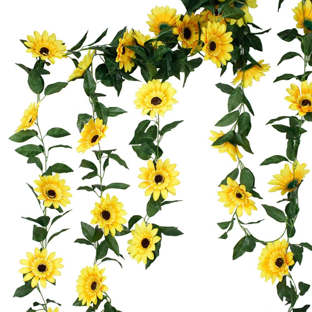 LESHABAYER Artificial Silk 7.2Ft Sunflower Vine Rattan 5" Flowers Cane Garland Wall Hang Plant Wedding Party Home Garden Room Balcony Decoration,Pack of 2 (Flower vine#1)