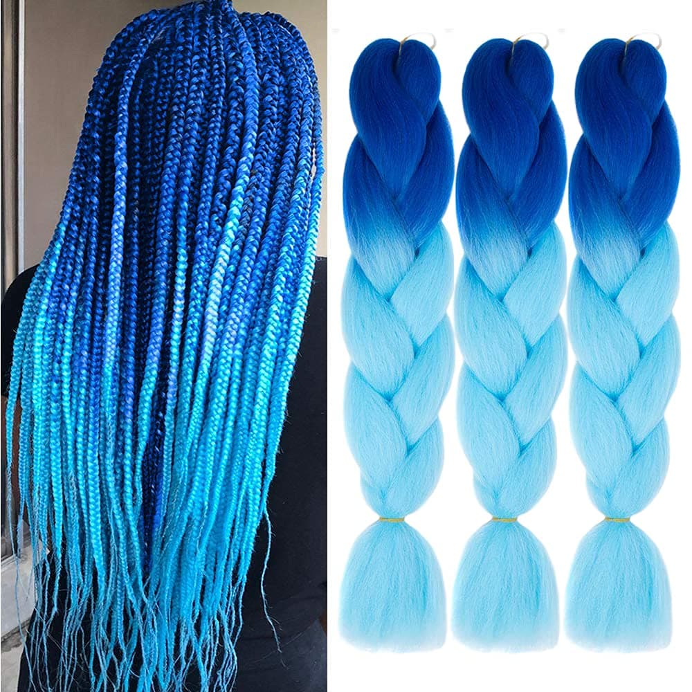 AFNOTE Jumbo Braiding Hair synthetic Ombre Braiding Hair 3 Pack 24 Inch High Temperature Synthetic Crochet Braids Hair Extensions(Blue/Sky Blue)