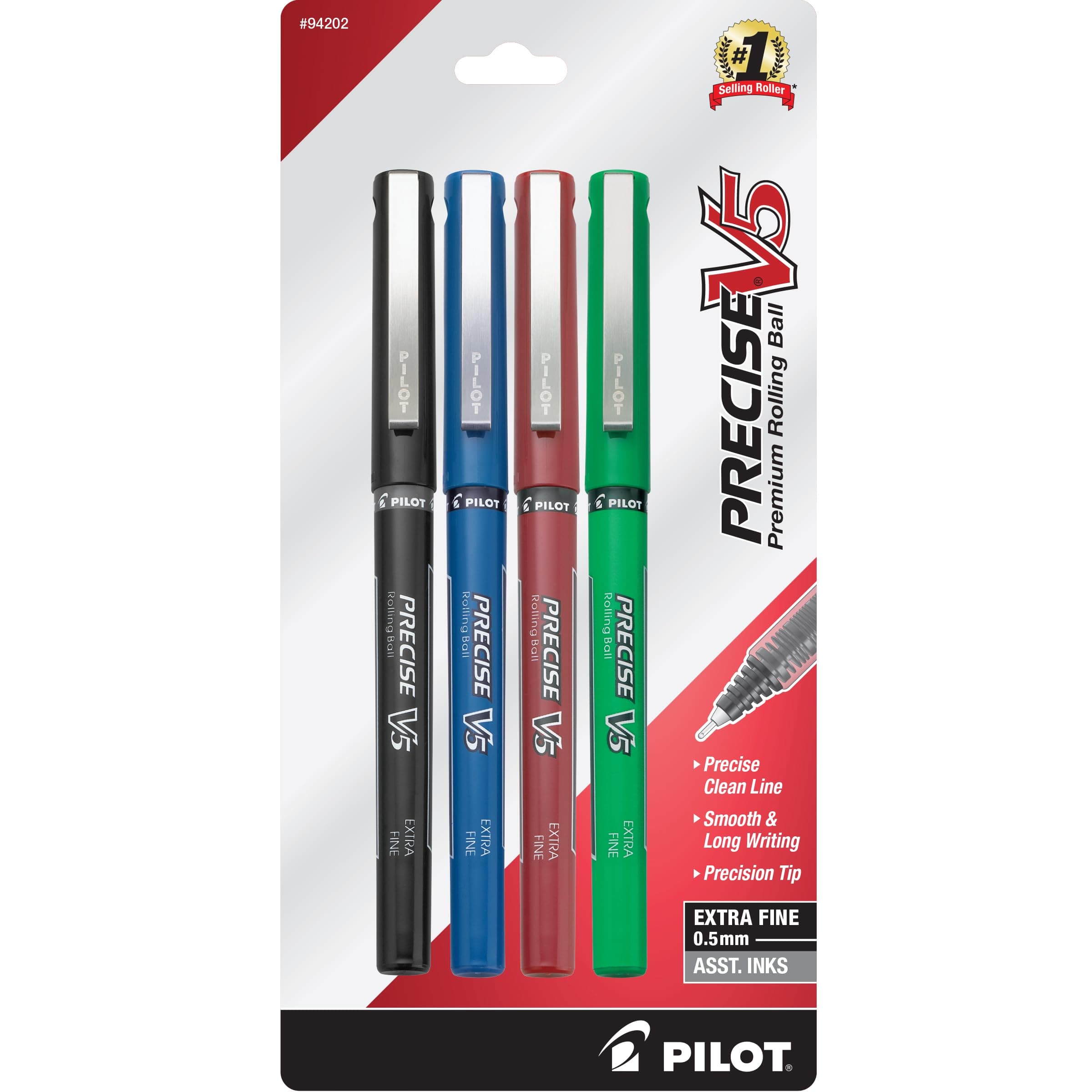 Precise V5 Stick Liquid Ink Rolling Ball Stick Pens, Extra Fine Point (0.5mm) Black/Blue/Red/Green Inks, 4-Pack (94202)