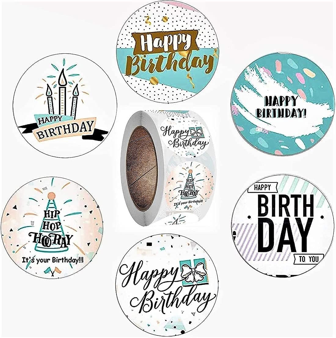 KASTWAVE Happy Birthday Label, Round Stickers, Tags and Box Sealing Label, Cute Look, for Birthday Celebration Decoration Envelope Gifts Package Bag, 500 Pcs, 6 Designs, 2.5 diameter size