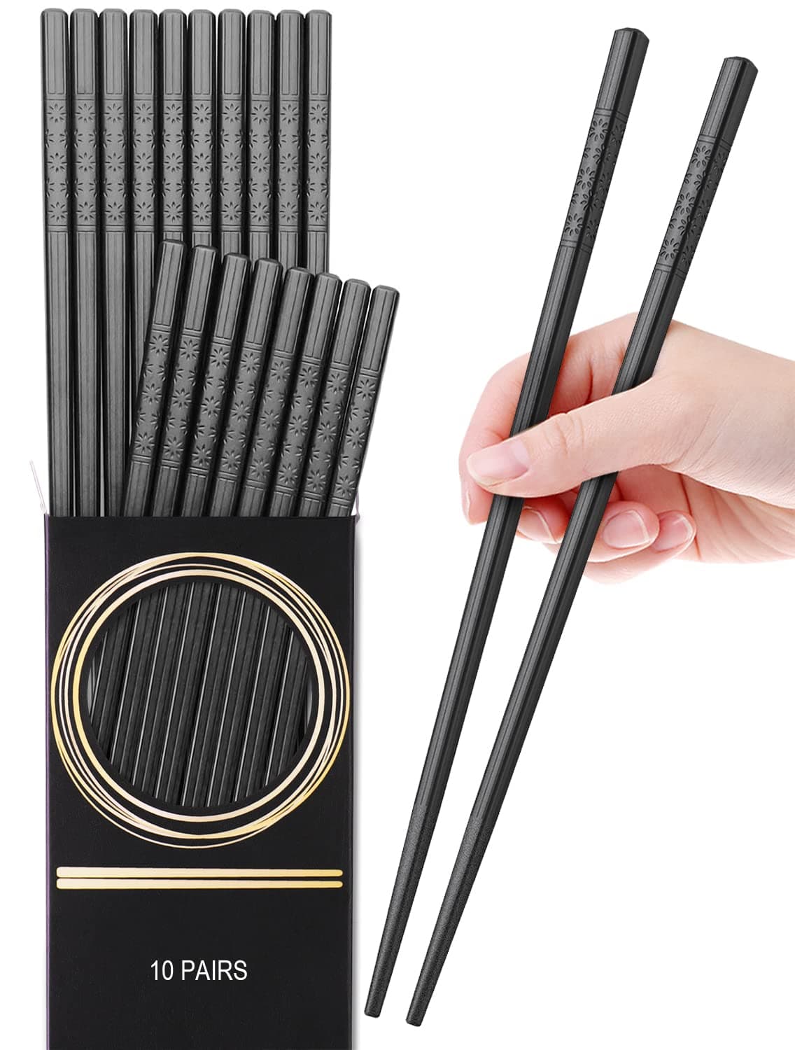 10 Pairs Fiberglass Alloy Chopsticks, Glamfields Reusable Japanese Chinese Korean Chop sticks Dishwasher Safe, Non-slip, 9 1/2 inch (GLAM-KZ01)
