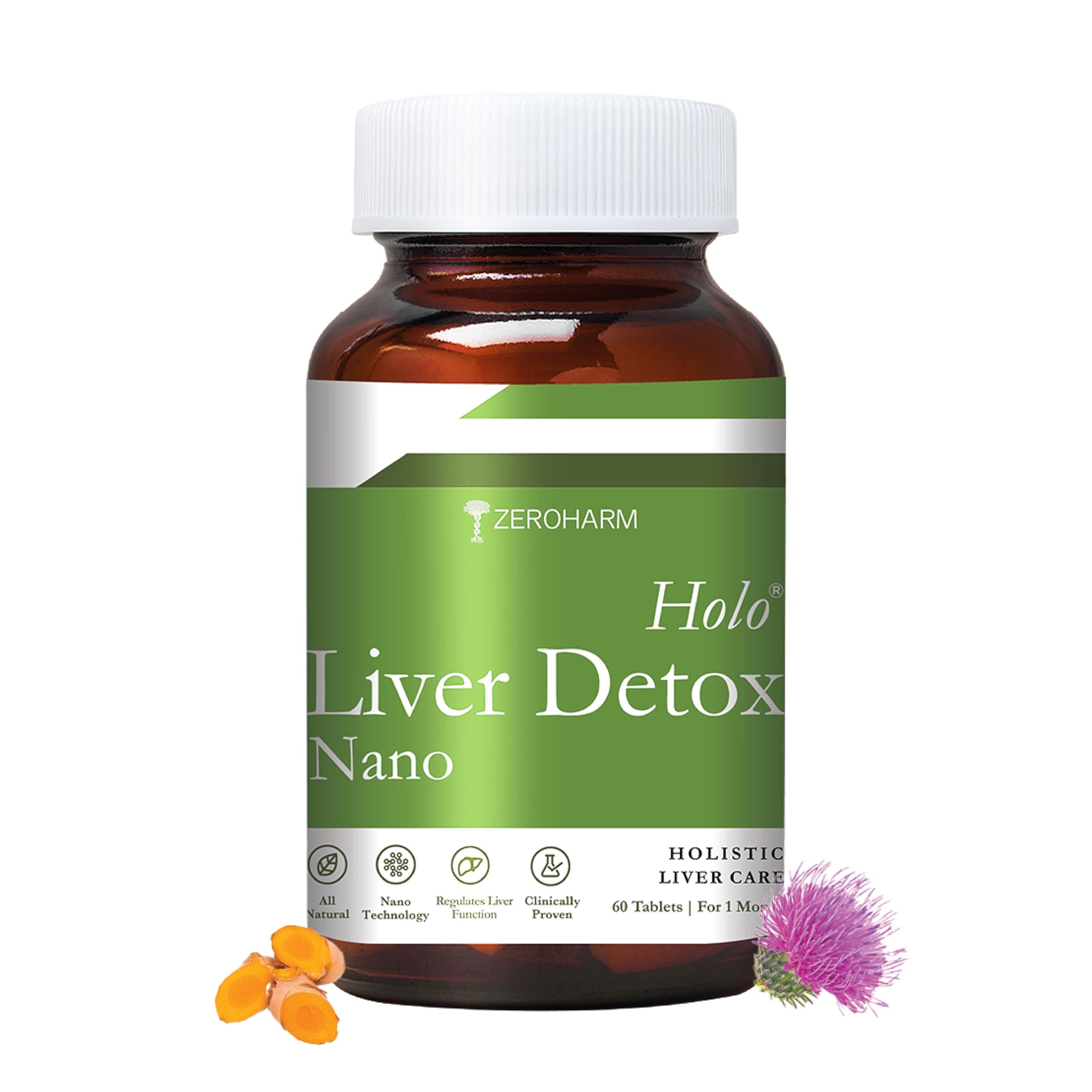 ZEROHARM Holo Liver Detox tablets | Liver cleanse & detox supplements for men & women | Liver, gallbladder support | Fights fatty liver | Milk Thistle, Dandelion & Turmeric extract (60 Tablets)
