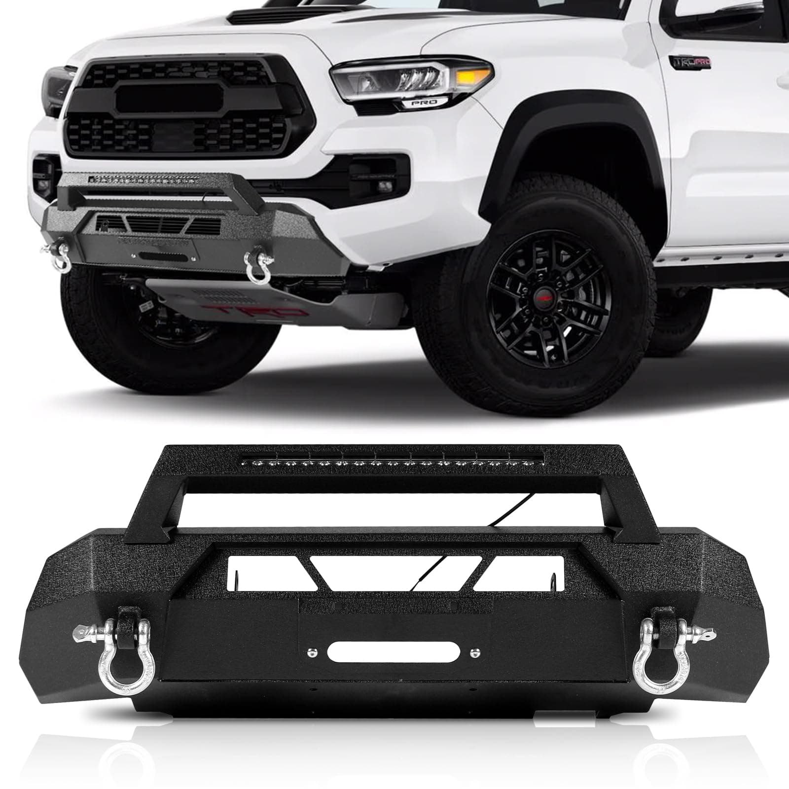 Offroad Front Bumper Fit for Toyota Tacoma 2016 2017 2018 2019 2020 2021 2022 2023 with Light Winch Bumper fit for 3rd Gen Tacoma 2 D-rings Powder-Coated