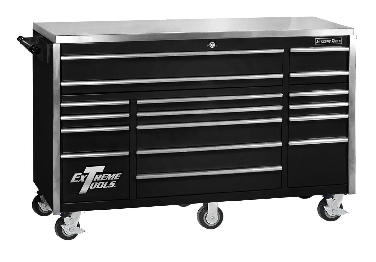Extreme Tools EX7217RCBK 17-Drawer Triple Bank Roller Cabinet with Ball Bearing Slides, 72-Inch, Black High Gloss Powder Coat Finish