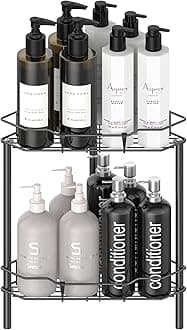 2 Tier Floor Standing Corner Shower Caddy Organizer Shelf with Hooks, Bathroom Shelves Stand Rack, Matt Black