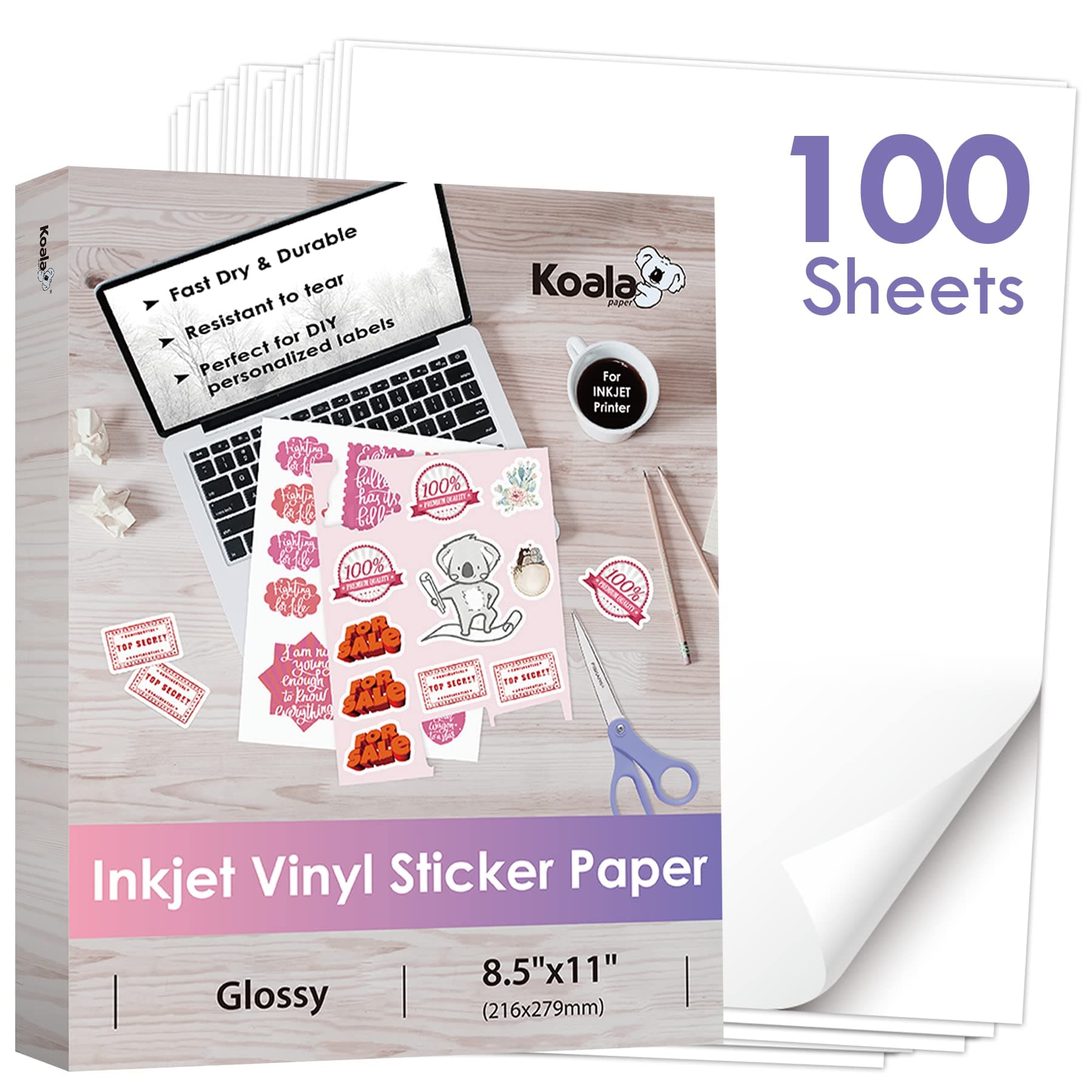 Koala Printable Vinyl Sticker Paper for Inkjet Printers - 100 Sheets Glossy White Water-Resistant Adhesive Label Paper - 8.5x11 Inch, Tear-Resistant, Removable