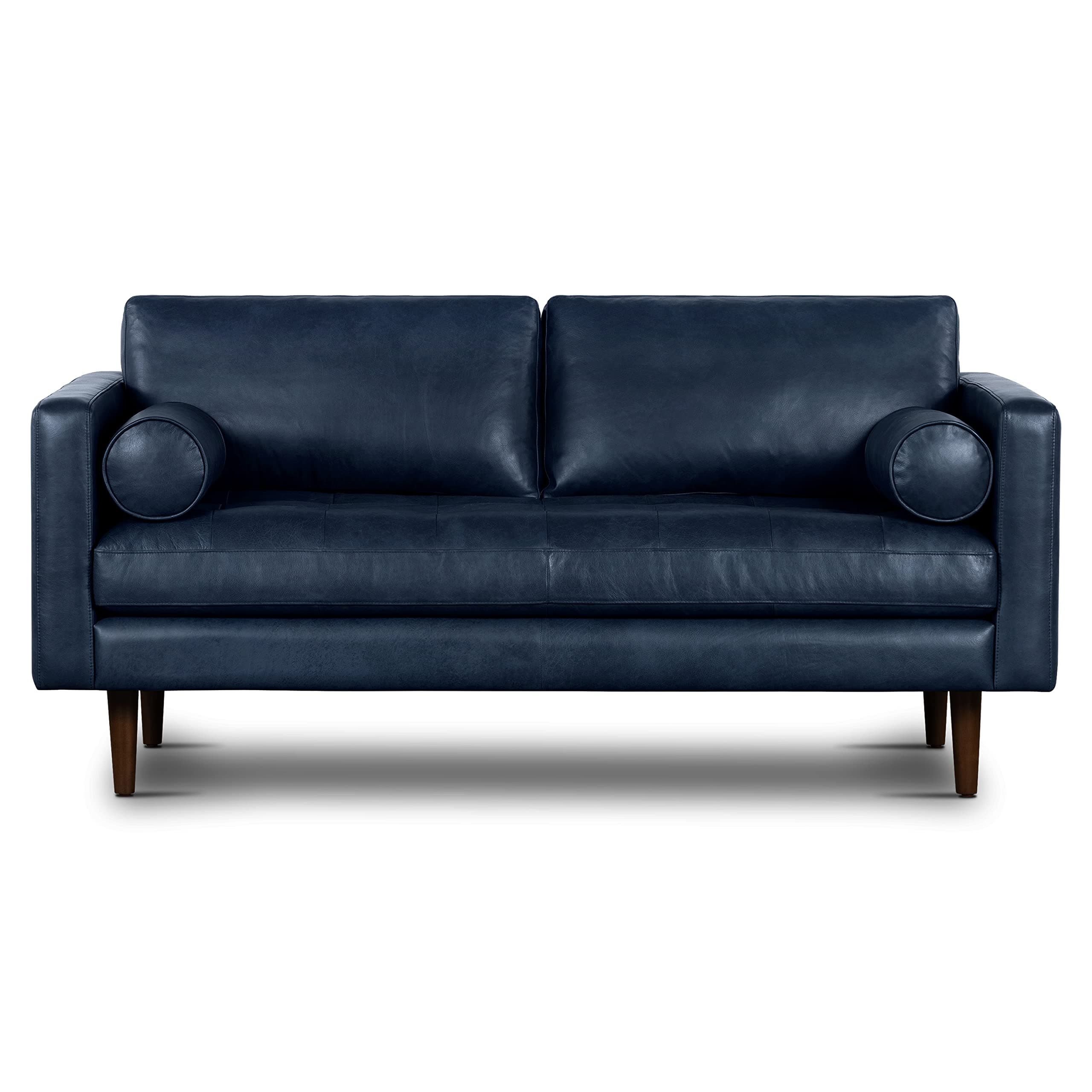 Poly & BARK Napa 72" Leather Sofa – Full-Grain Italian-Tanned Aniline Leather, Feather-Down Comfort, Solid Wood Frame, Walnut Legs, Midnight Blue