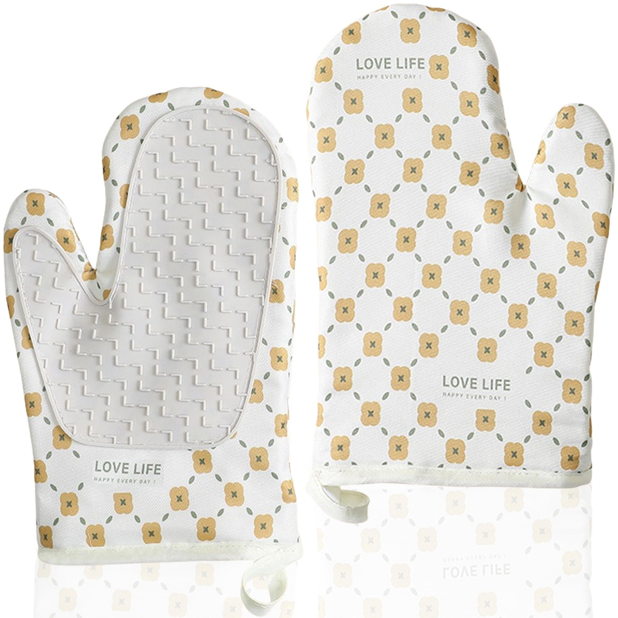 Oven Mitt Set, 500°F Fahrenheit Heat Resistant Non-Slip Grip Soft Silicone Oven Mitts, Soft Cotton Lining, Water Resistant, 7" x 10.2", 2 Piece Set, Kitchen and Apartment Essentials (White)