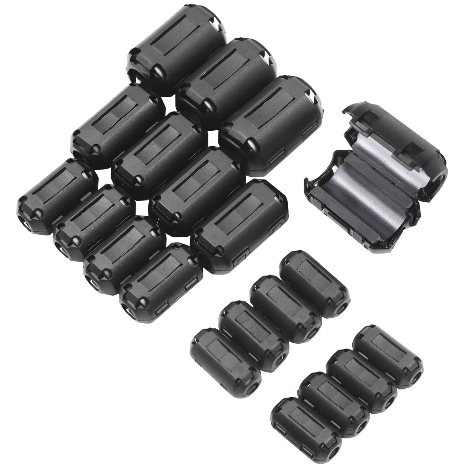 20 Pieces Clip-on Ferrite Ring Cores, RFI EMI Noise Suppressor Cable Clip for 3mm/ 5mm/ 7mm/ 9mm/ 13mm Diameter Led Light Radio Static, Black Noise Filter Clip