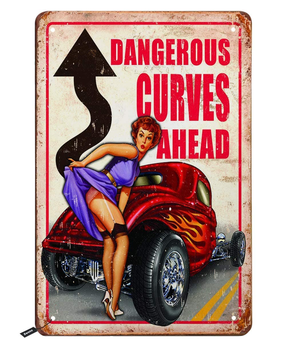 Swono Dangerous Curves Ahead Tin Signs,Pin Up Girl with Red Car Vintage Metal Tin Sign for Men Women,Wall Decor for Bars,Restaurants,Cafes Pubs,12x8 Inch
