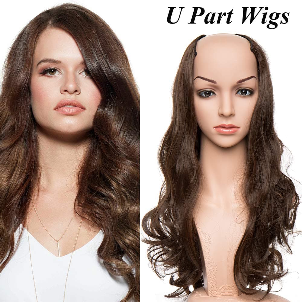 24" Inch 3/4 Half Wigs Fall Clip In Hair Extensions Synthetic Hairpieces Curly Heat-Resistant - Medium Brown(Length:60cm,Weight:180g)
