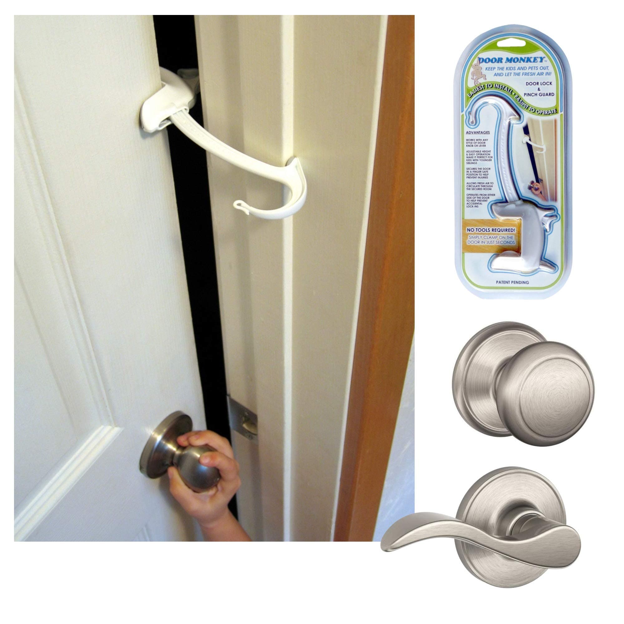 Door Monkey Child Proof Door Lock & Pinch Guard - For Door Knobs & Lever Handles- Easy to Install-No Tools or Tape Required - Baby Safety Door Lock For Kids - Very Portable-Great for Dogs & Cats,White