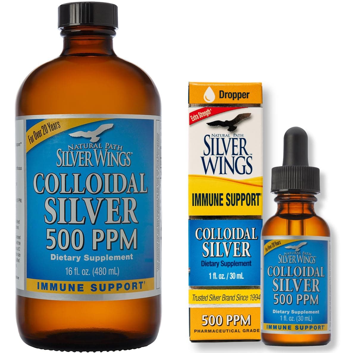 Natural Path Silver Wings Supplement - Colloidal Silver 500 ppm (16 fl.oz / 480 ml) Plus Colloidal Silver 500 ppm (1 fl.oz / 30 ml)