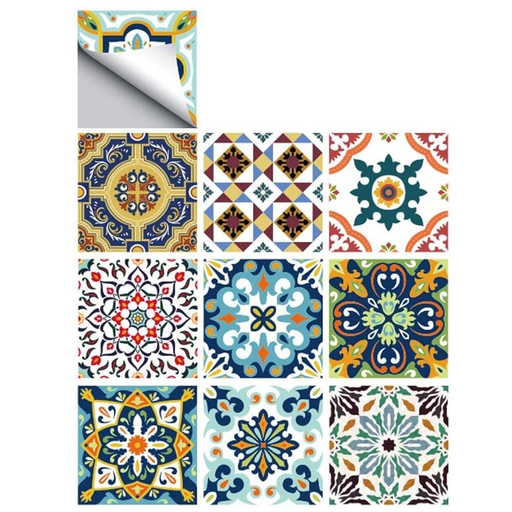 Topmail 10pcs Tile Stickers 6x6 Inches Retro Waterproof Removable Wall Tile Vinyl Stickers for Kitchen Bathroom Wall Stickers Art Decor (15x15CM, Colorful)