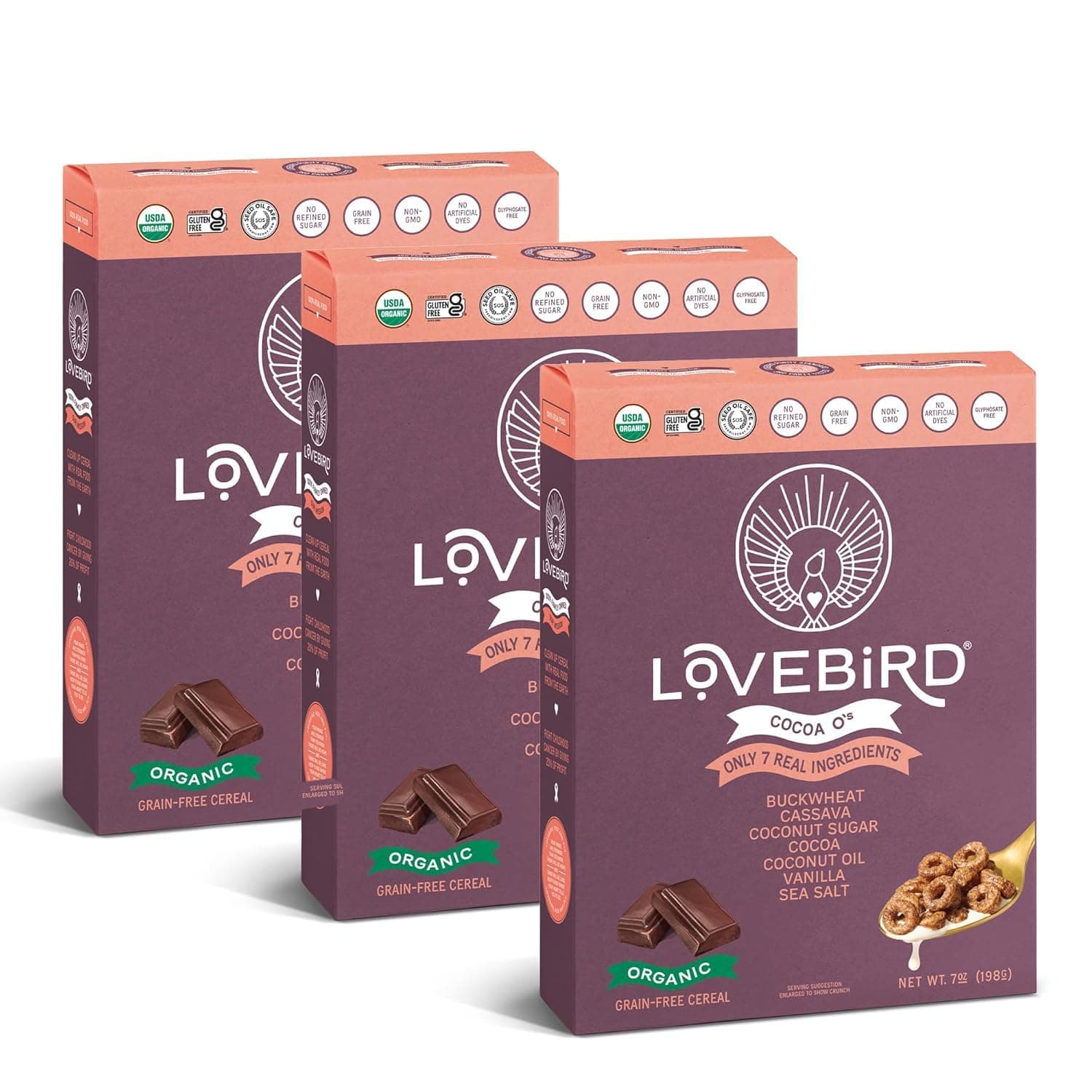 Lovebird Gluten Free Cereal Cacao 3 Pack - Organic Grain Free Cereals Paleo AIP Dairy Free Keto Friendly No Refined Sugar Healthy Snacks for Kids, Adults