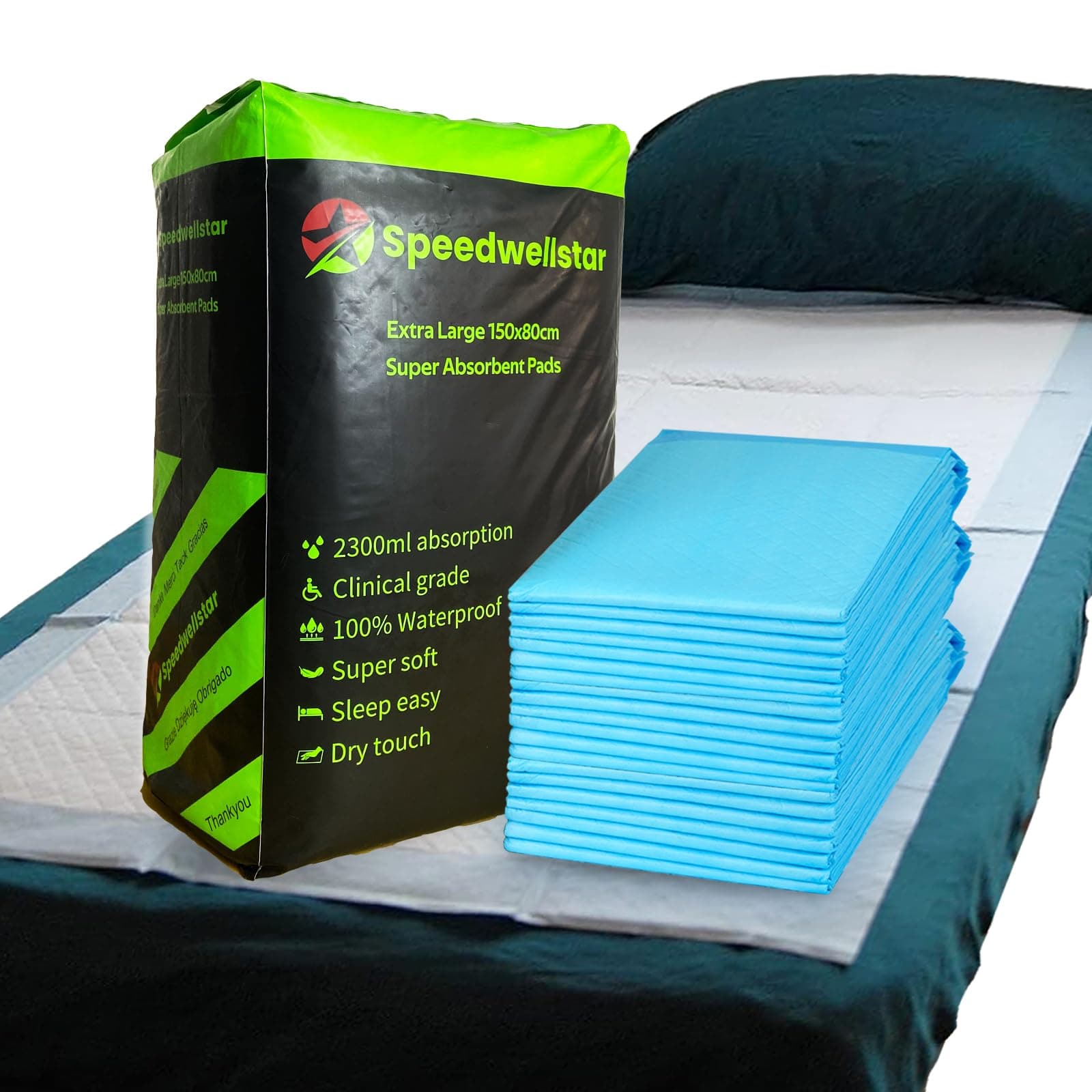 Speedwellstar 20 Disposable Extra Large Incontinence Pads for Beds 150 x 80 cm Hospital Quality Highly Absorbent Absorbs up to 2300ml