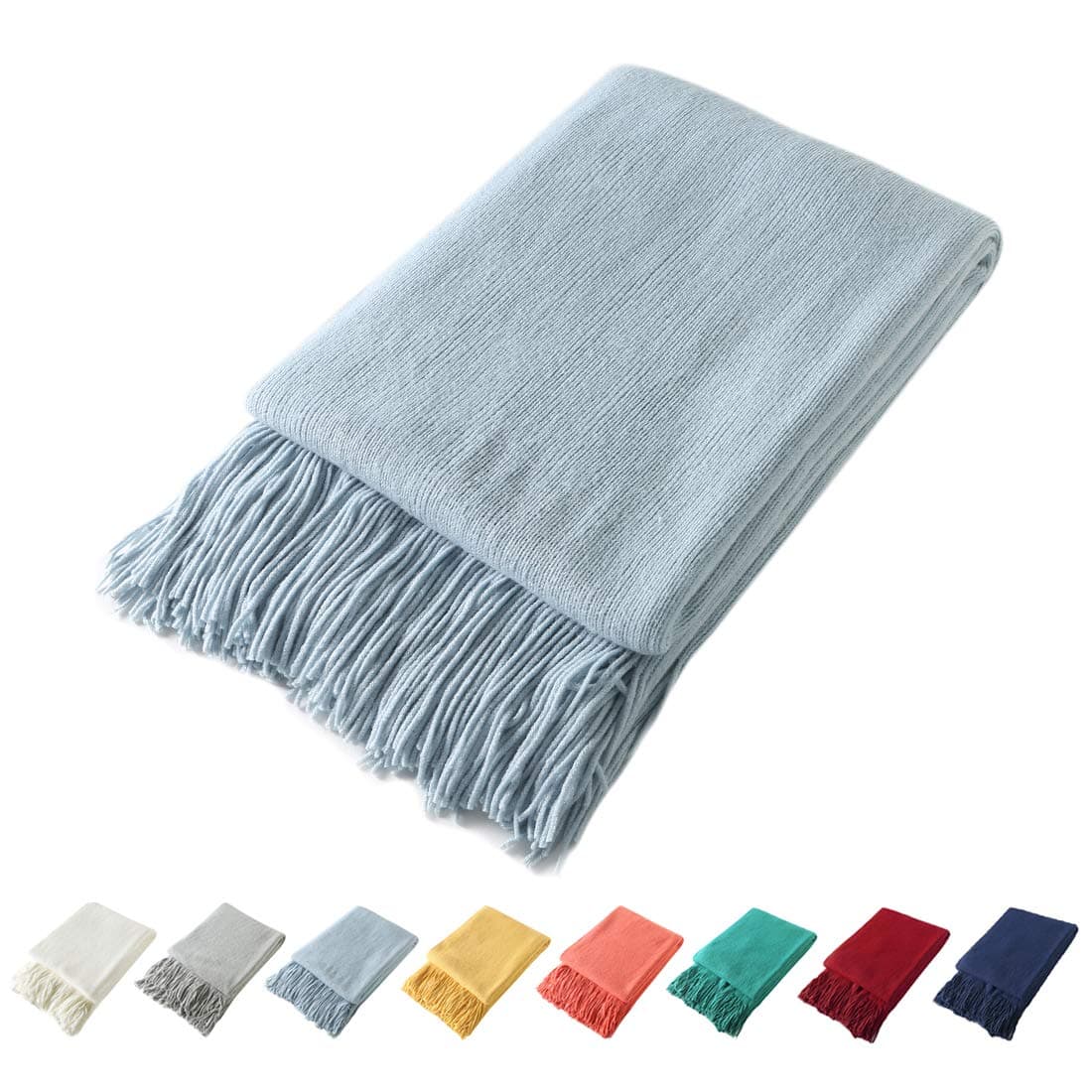 Homiest Decorative Knitted Throw Blanket with Fringe Soft & Cozy Tassel Blanket for Couch Sofa Bed (Baby Blue,50x60)