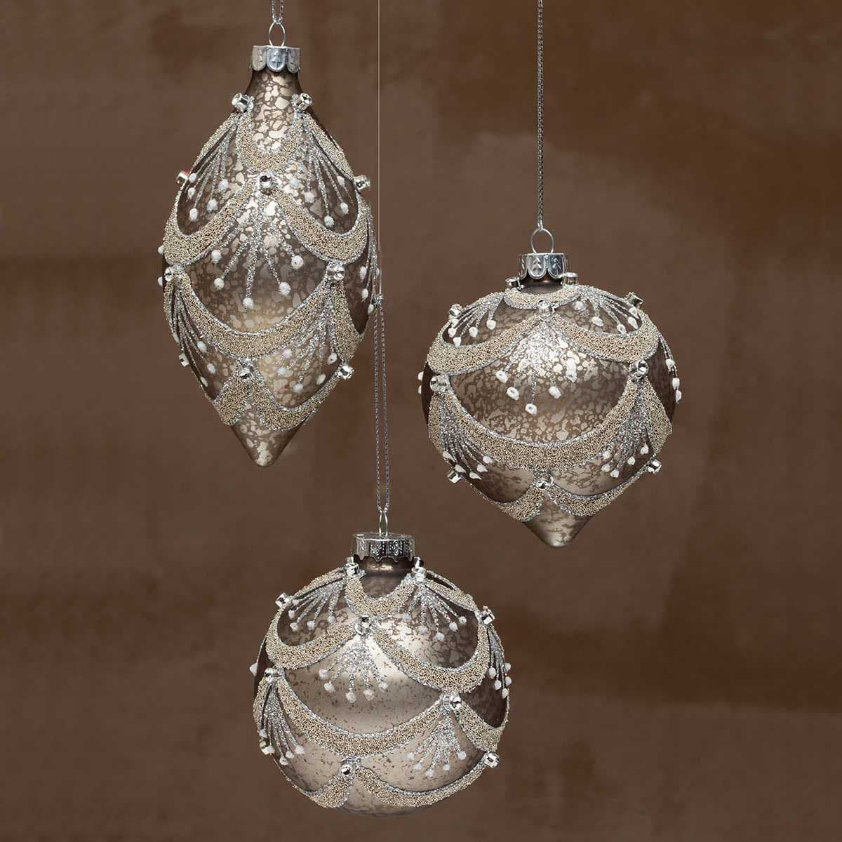 CHAMPAGNE GLASS CHANDELIER ORNAMENT SET OF 3 BALL/KISMET/FINIAL 3.5"/5"/2"X5"