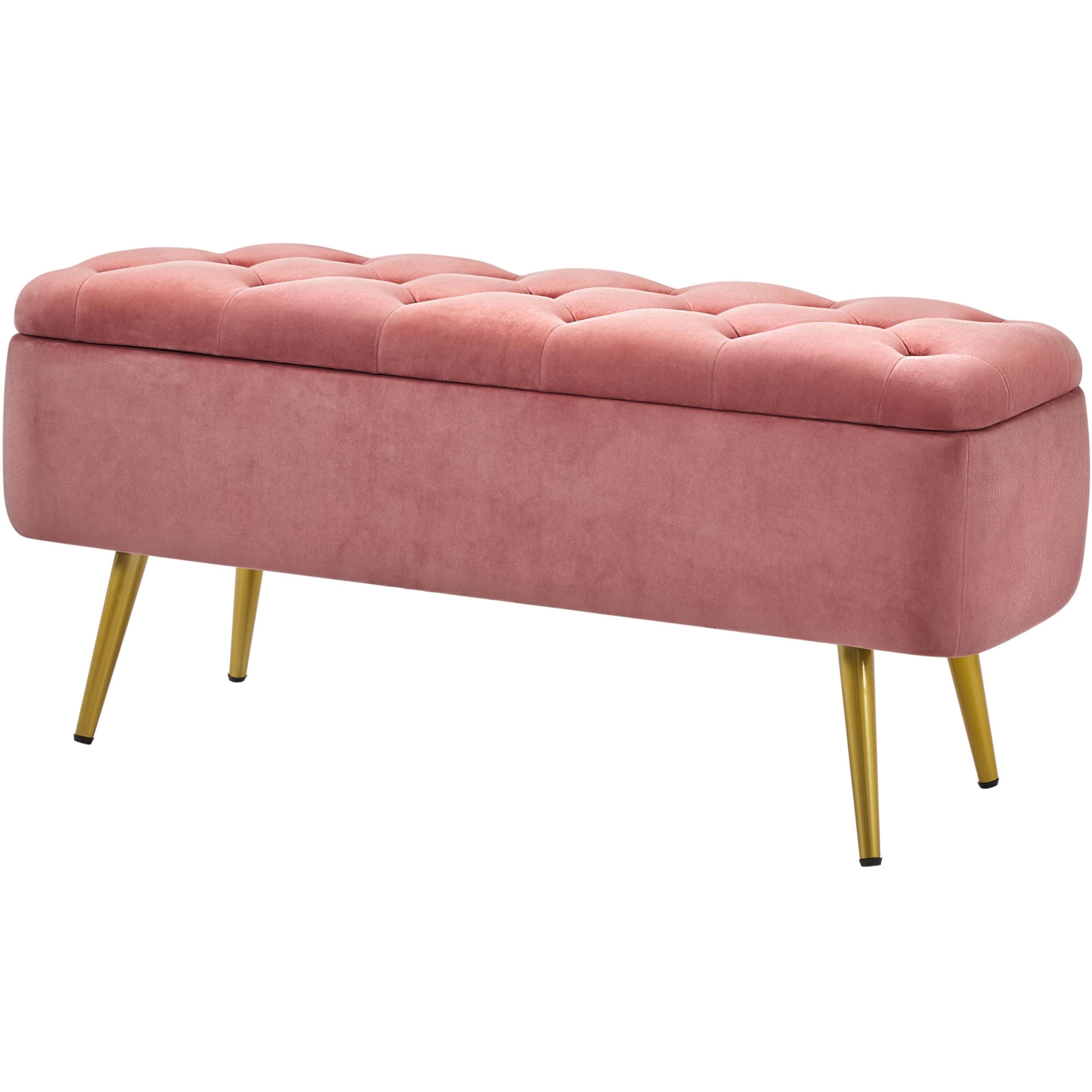 Ottoman, Velvet Footrest Ottomans, 42 Inch Ottomans with Gold Legs, Window Ottoman for Living Room Bedroom Entryway, Pink