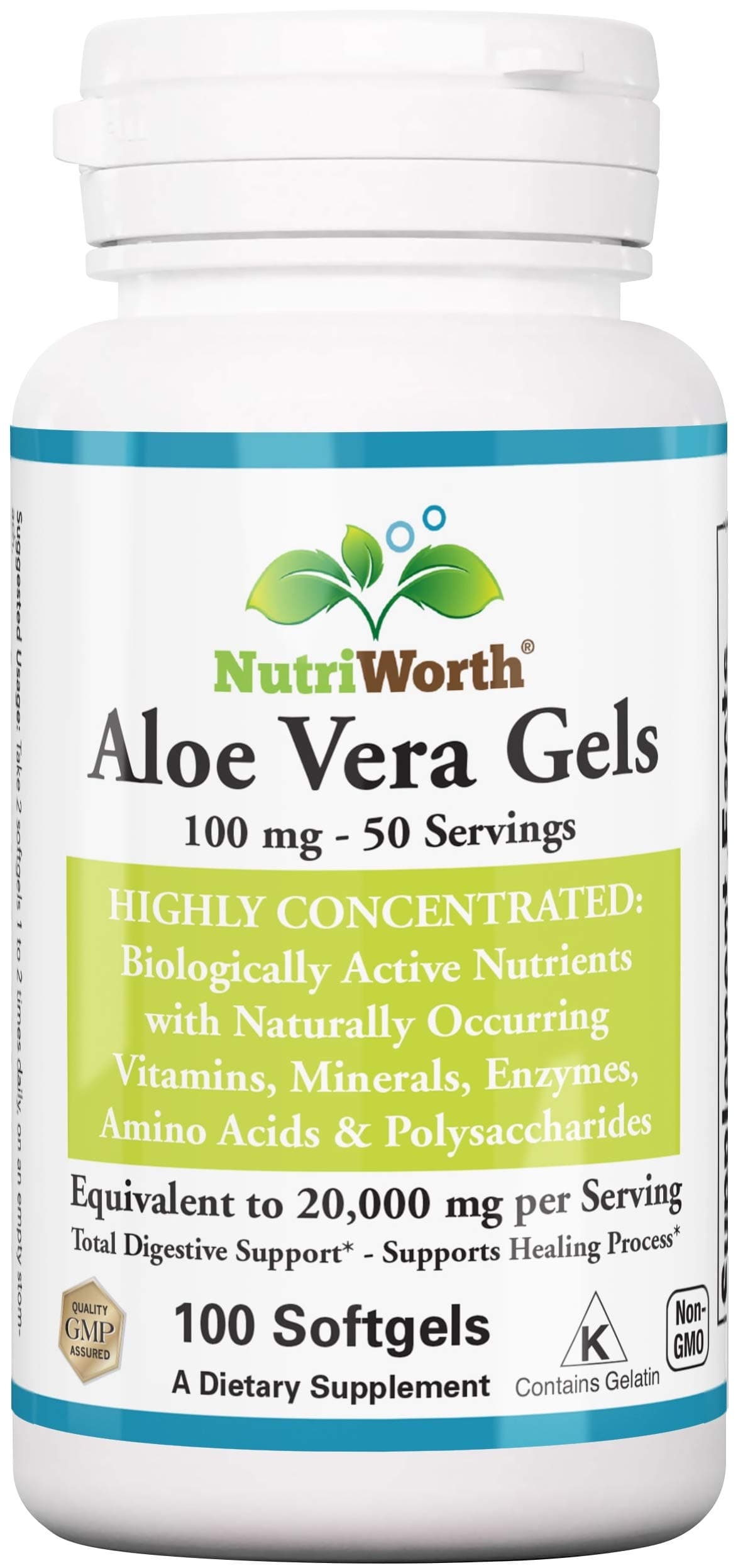 Aloe Vera Supplement (100 Softgels) 20,000mg Pure Gel Equivalency – Made with Organic Aloe Vera