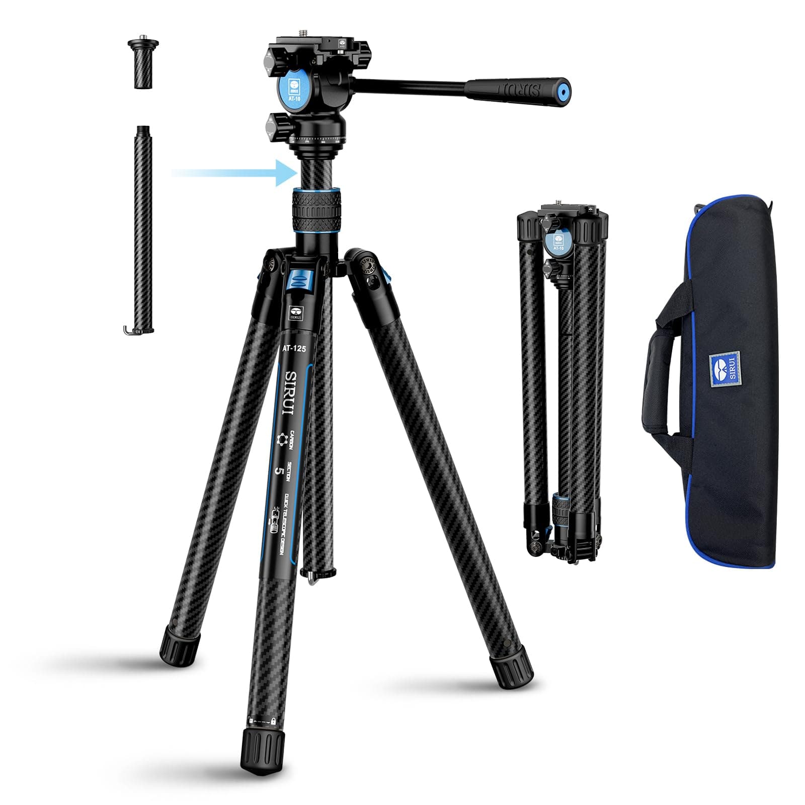 SIRUI Carbon Fibre Tripod for Camera, 152cm Compact Lightweight Tripod with Fluid Head AT-10, Portable Travel Tripod for Camera, DSLR, Camcorder, Video Camera, Macro Shooting, Max Load 5kg, Traveler X