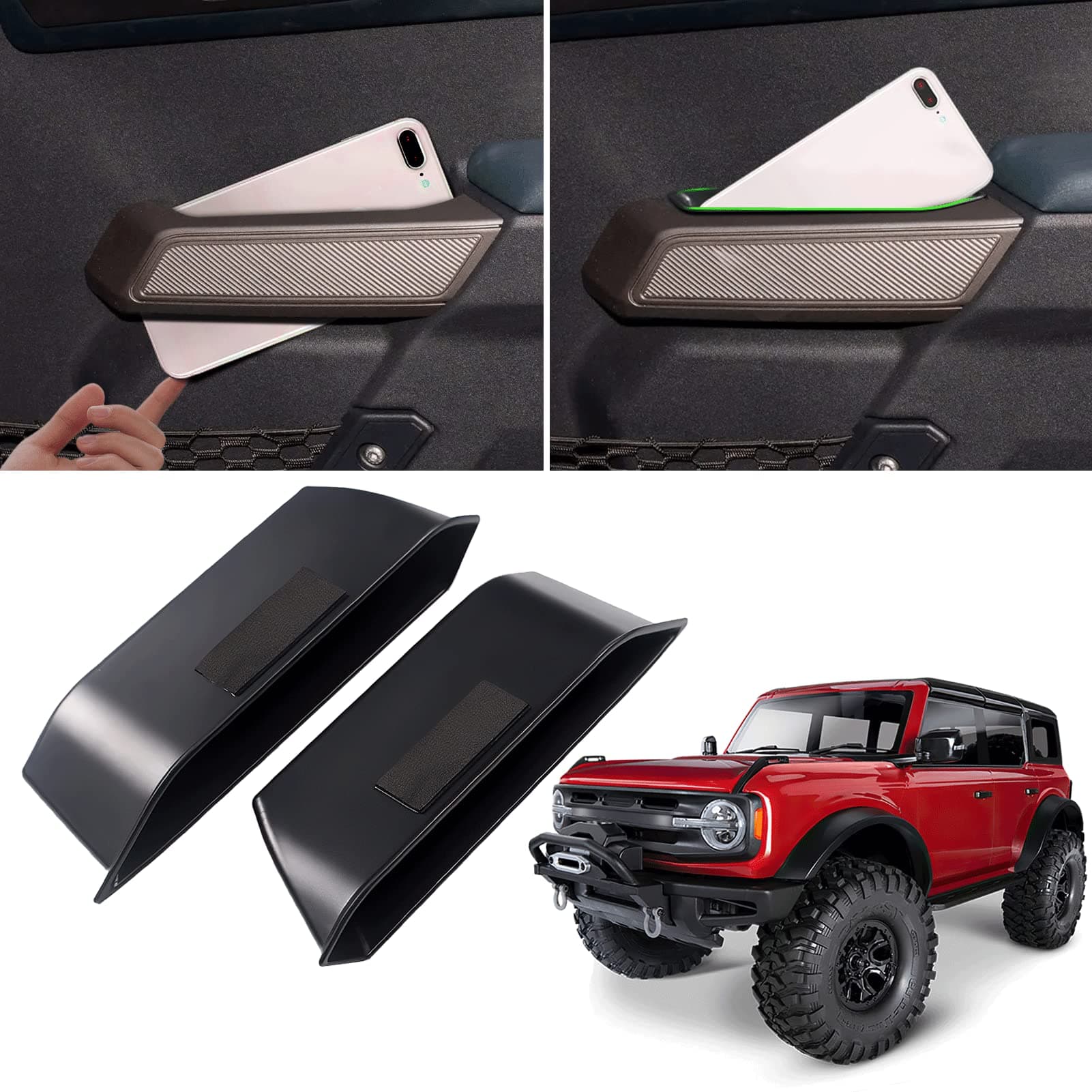 Door Side Storage Box Handle Container Compatible with Ford Bronco 2021 2022 Car Interior Accessories, ABS Front Door Side Armrest Phone Pocket Organizer Insert Glove Pallet 2PCS Set