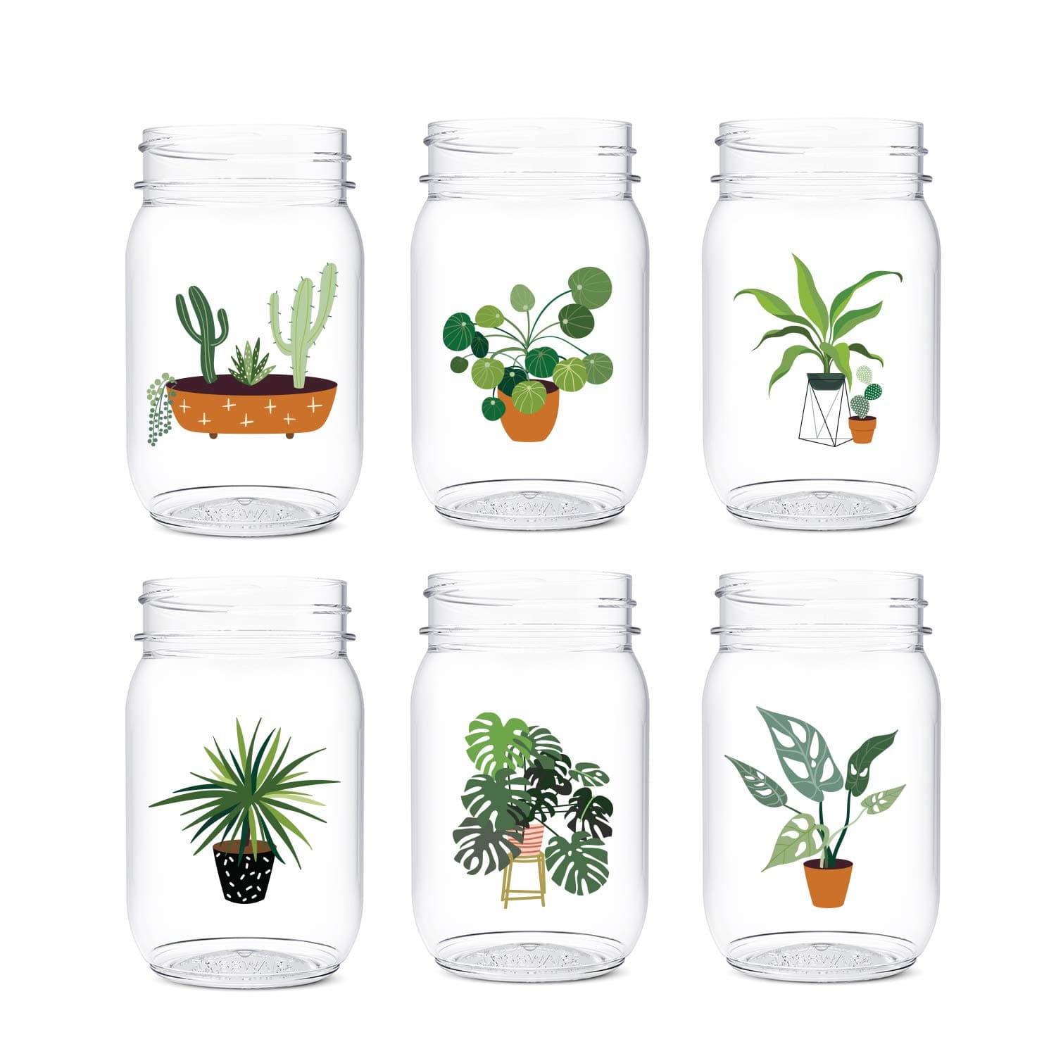 TOSSWARE POP 16oz Mason Plant Mom Series, SET OF 6, Premium Quality, Recyclable, Unbreakable & Crystal Clear Plastic Printed Mason Jars