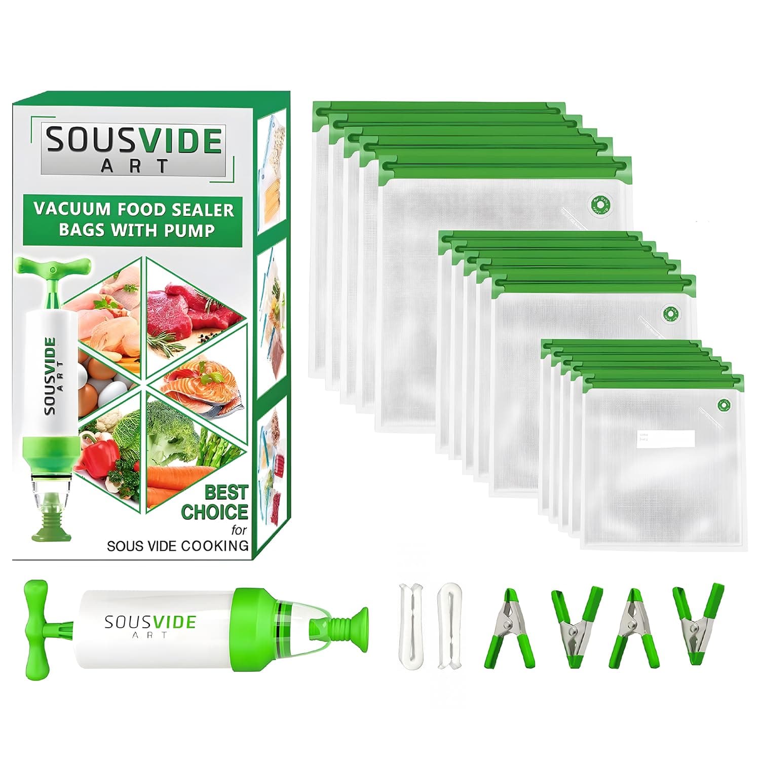 Sous Vide Cooker Kit | ALL-IN-ONE | 800W Machine | 30 Bags | Clips | Vacuum Pump | Cookbook | Precision Temperature | Digital Timer (Reusable Bags)