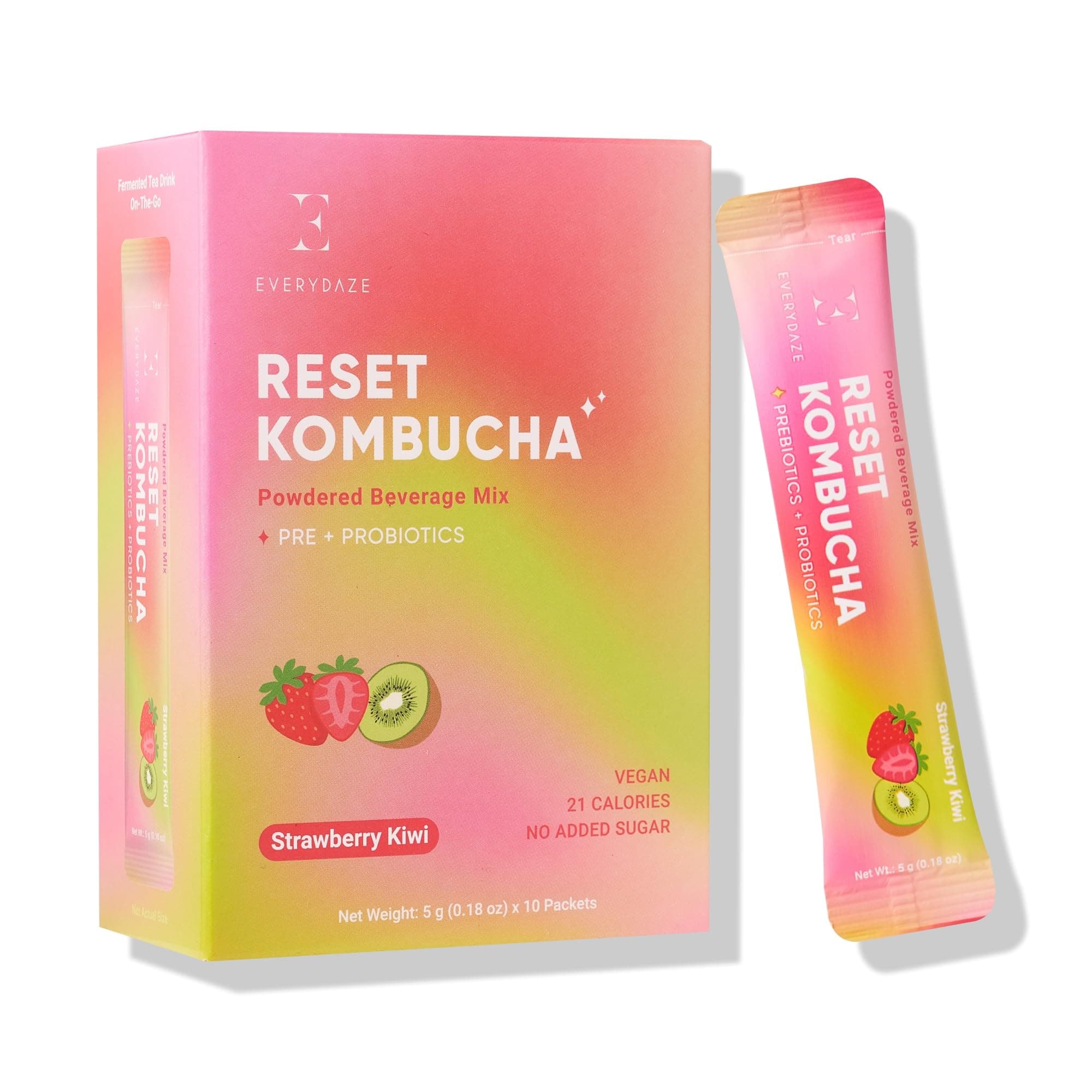Everydaze Reset Kombucha Tea Powdered Beverage Mix | 10 Sticks | Prebiotics + Probiotics | Vegan | No Added Sugar, Gluten Free, Sparkling Powder Drink Pack (Strawberry Kiwi)