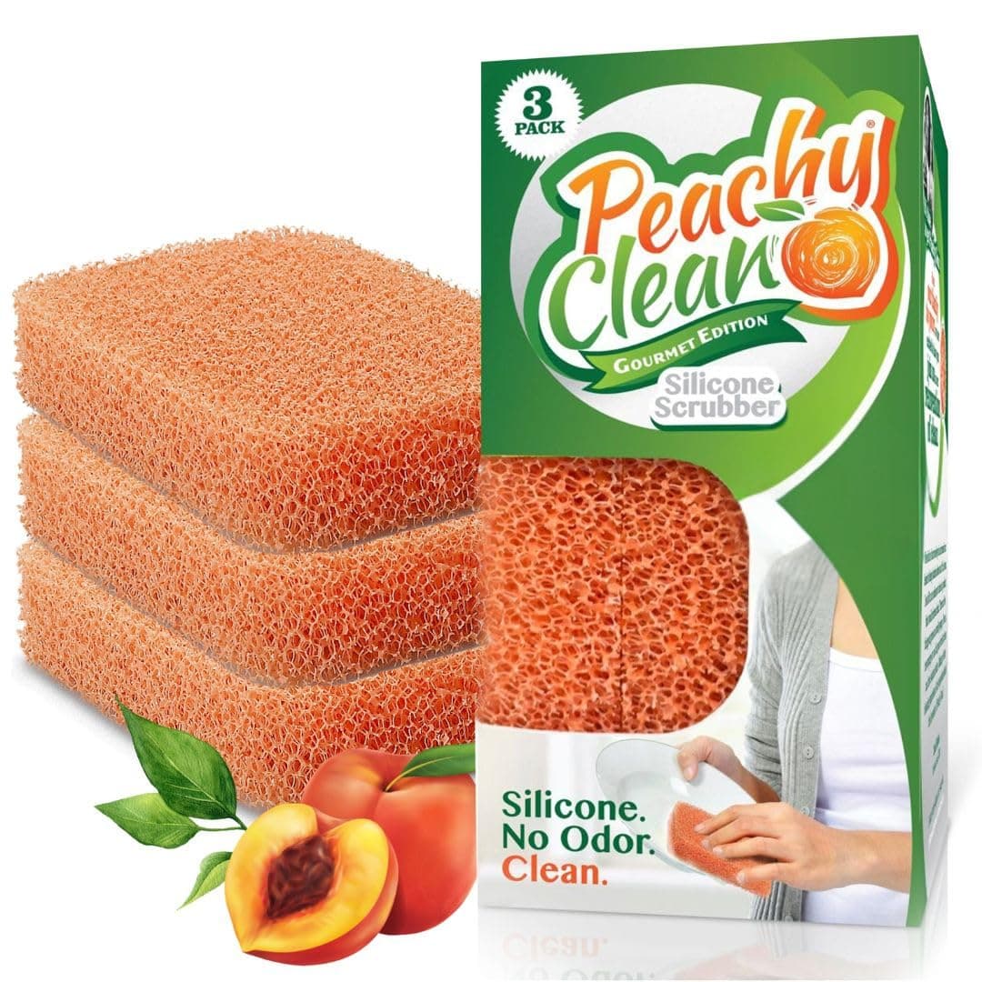 Peachy Clean Silicone Dish Sponge Scrubbers, Fresh Peach Scent, Non-Scratch, Odor-Resistant, Durable Dish Sponges for Kitchen 3pk