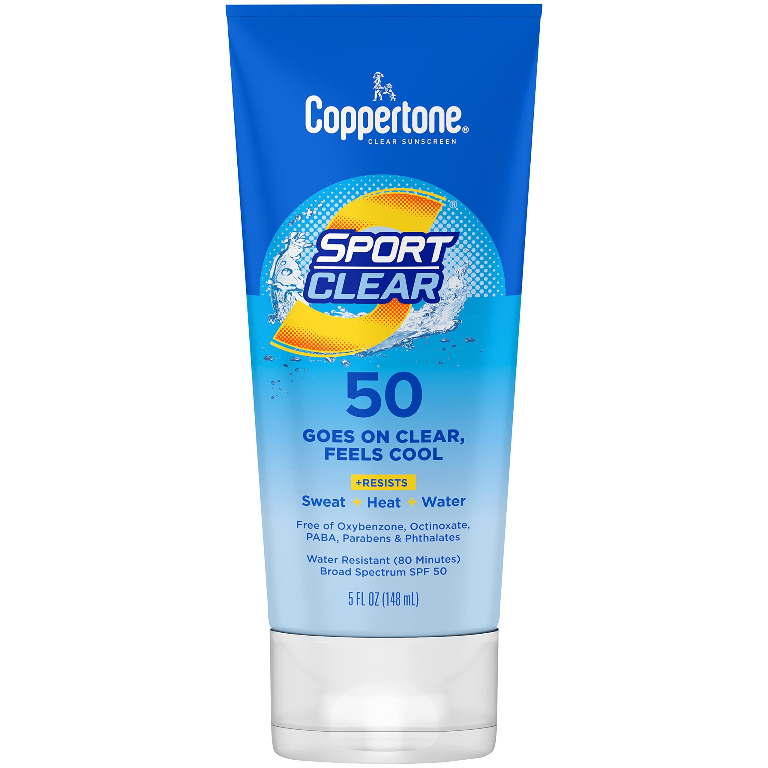 Coppertone Sport Clear SPF 50 Sunscreen Lotion, Water Resistant, Non-Greasy, Broad Spectrum UVA/UVB Protection, Clean, Cool, 5 Ounce