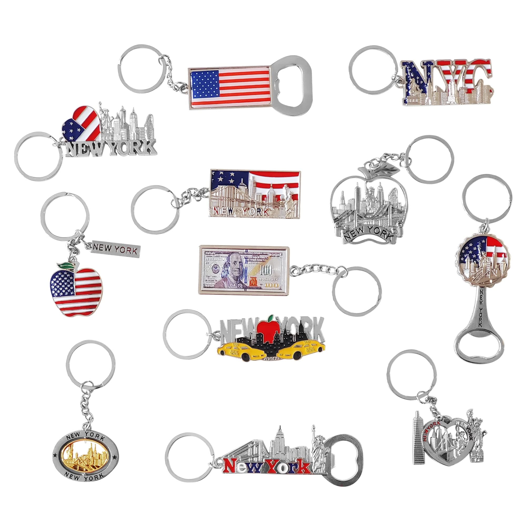 12-Pack New York City Souvenir Keychains – 3D Silver Metal NYC Landmark Set with Statue of Liberty, Empire State Building, Freedom Tower, Taxi Cab, USA Flag & Bottle Openers