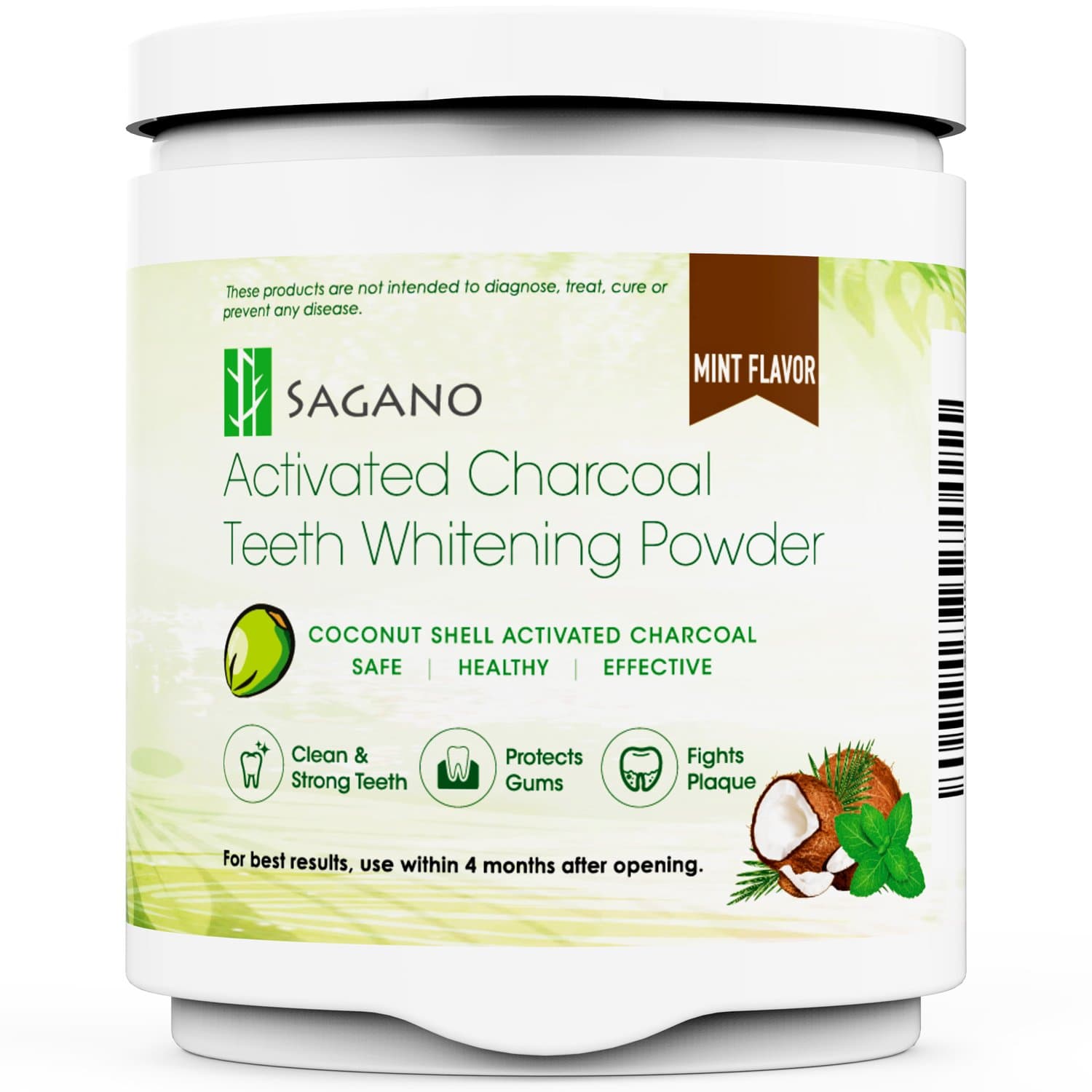 Sagano Teeth Whitening Activated Charcoal Powder by 100% Natural Teeth Whitener from Coconut Shell and Mint Flavor Food Grade Formula - for Sensitive Tooth and Healthy Whitener (4-8 Supply)