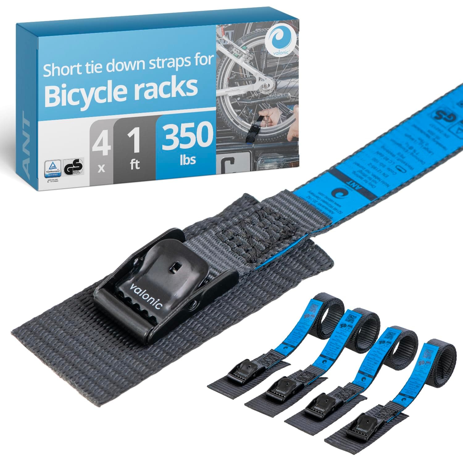 valonic ANT - Short Lashing Strap, Padded, 4 Pieces, 1 ft, 350lbs Breaking Strength, cam Buckle, Black - tie Down Straps for Bike Rack