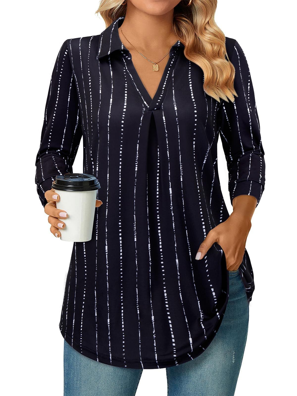 3/4 Length Sleeve Womens Tops Dressy Casual V Neck Collared Blouses Work Office Tunics 2026 Spring Summer