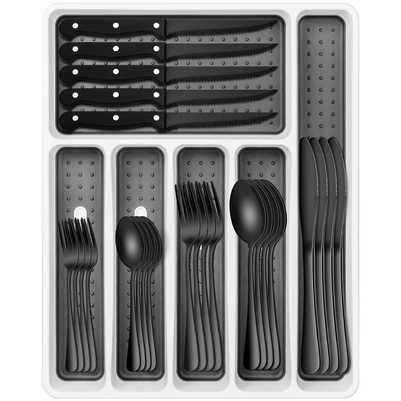 Umite Chef Black Silverware Set, 49-Piece Flatware Set with Drawer Organizer, Durable Stainless Steel Cutlery Set for 8, Tableware Eating Utensils with Steak Knives for Home Restaurant