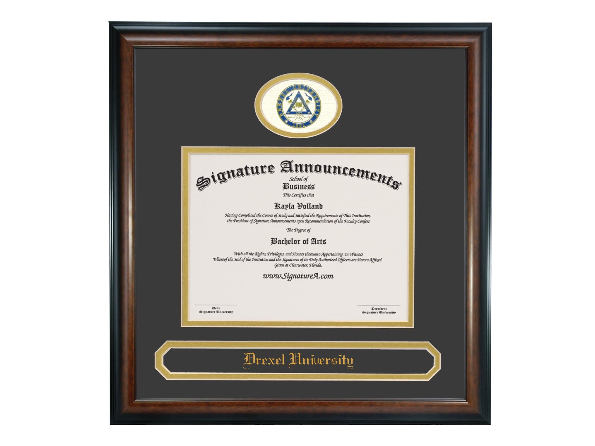 Signature Announcements Drexel-University-School-of-Law Undergraduate, Sculpted Foil Seal & Name Graduation Diploma Frame, 20" x 20", Matte Mahogany